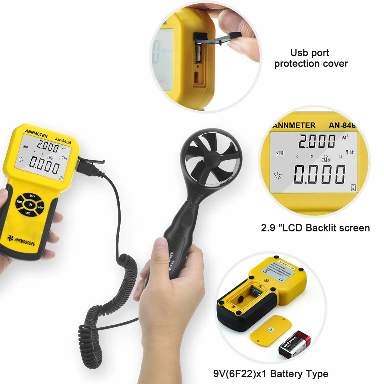 AIOMEST AI-846A Anemómetro Digital de Mano CFM Medidor de Velocidad del Viento con Max/Min/Avg Temperatura HVAC