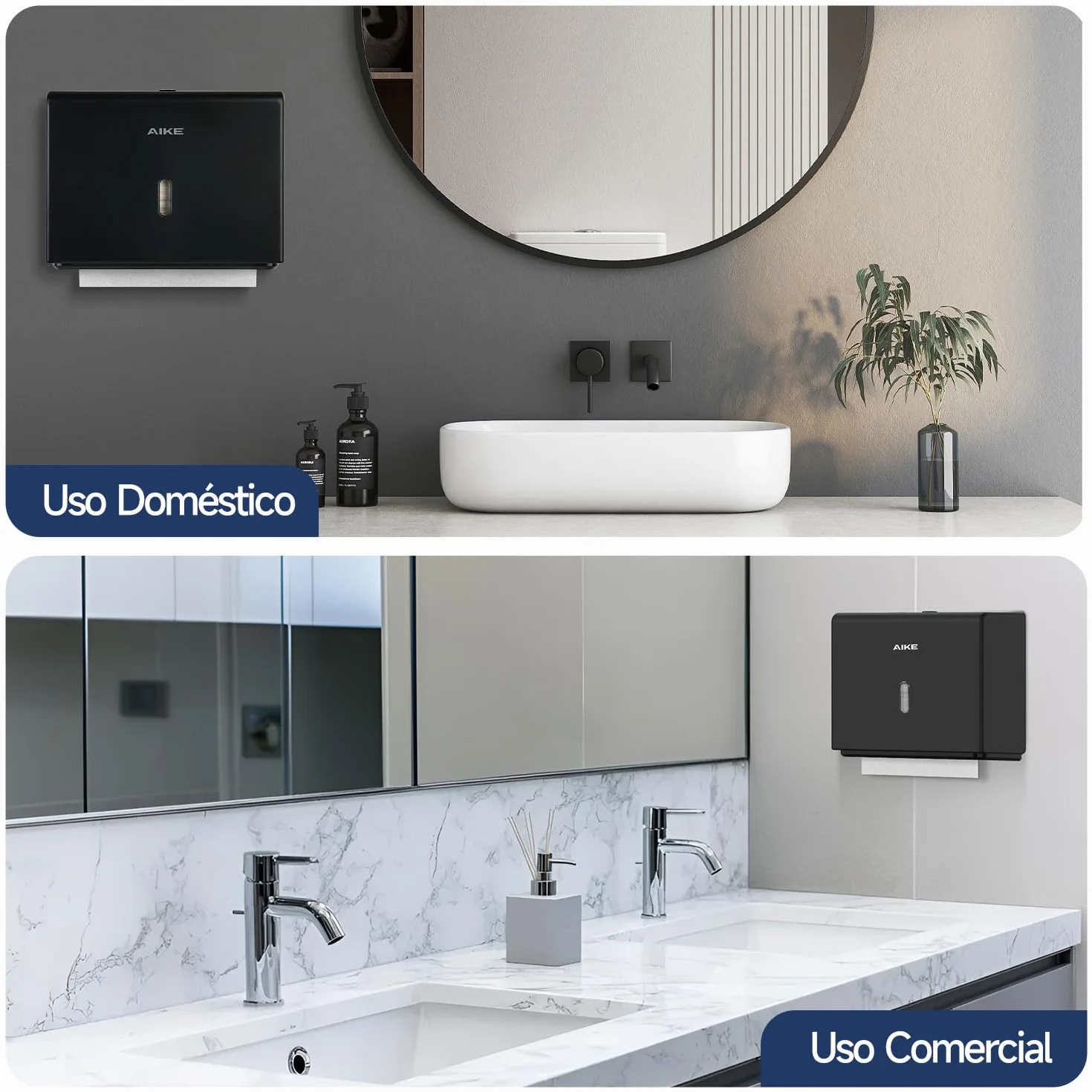 AIKE Dispensador Papel Secamano Pared 200+ Hojas Pliegue Z Toallas Multifold 25.4x7.8 cm Negro AK5102