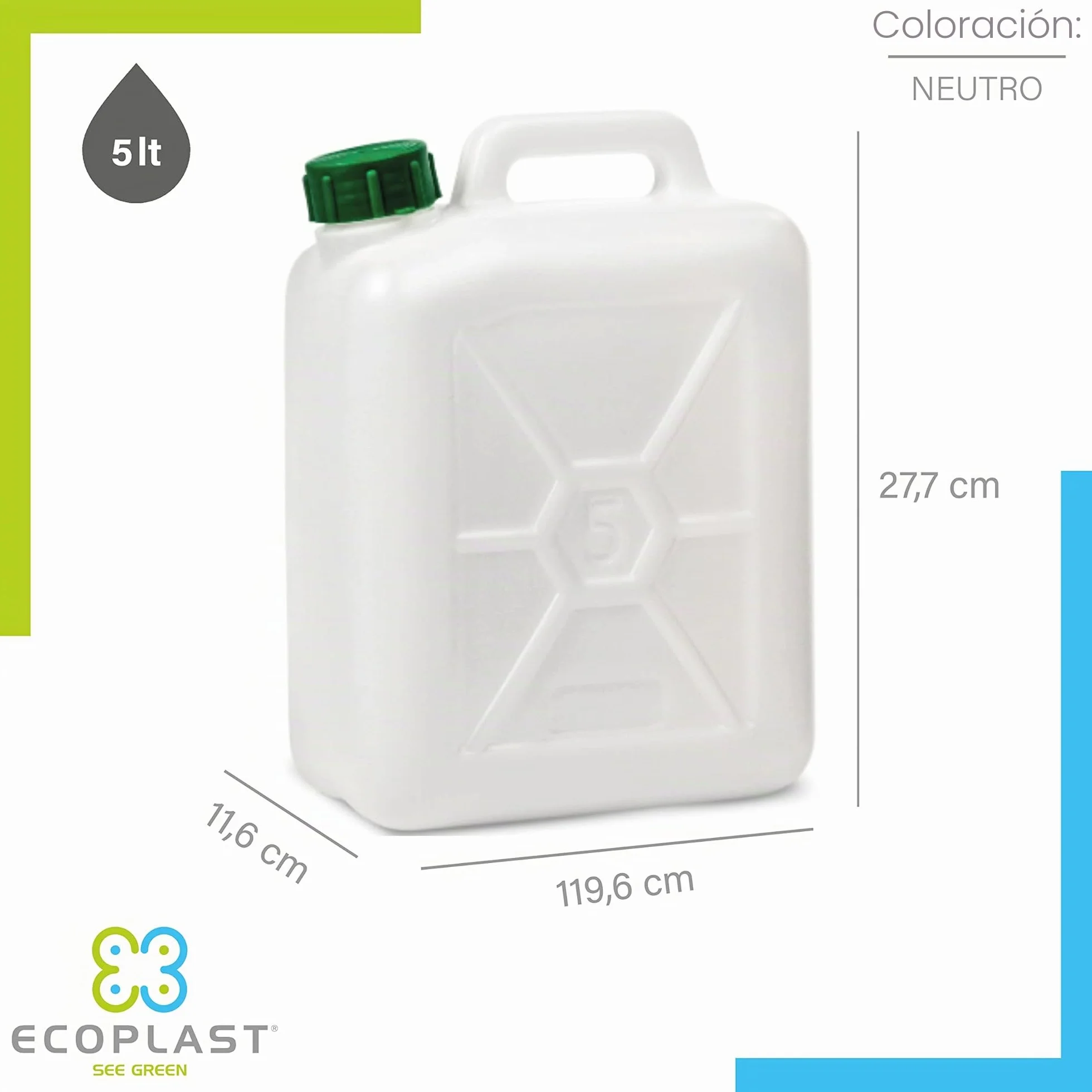 Ecoplast Bidón plástico transparente 5 litros almacenamiento líquidos cierre hermético