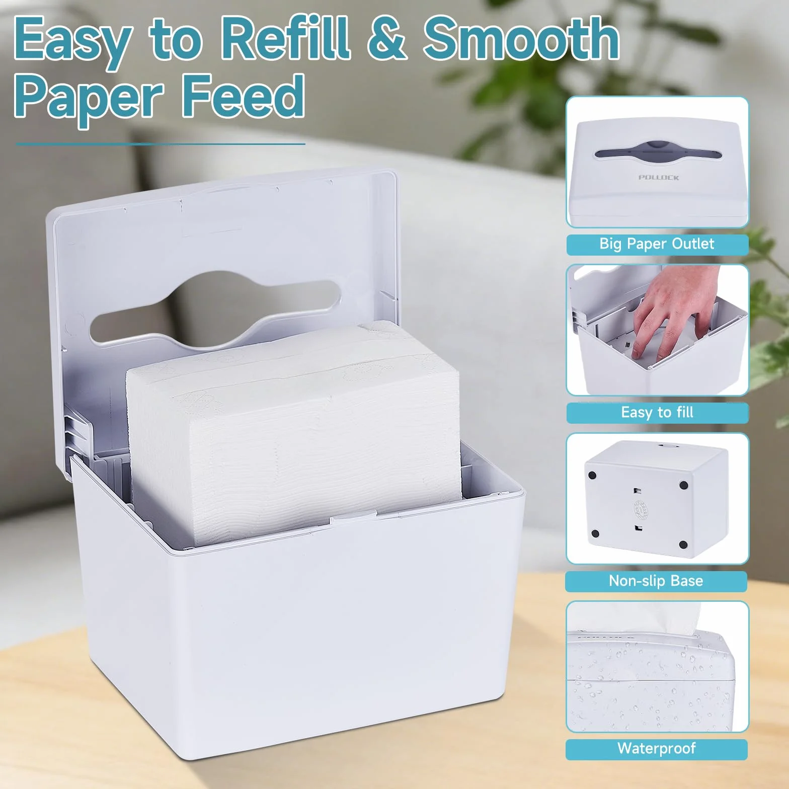 Pollock Dispensador de Servilletas de Sobremesa, Toallas de Mano, Papel Secamanos, Base Antideslizante, Gran Capacidad, Blanco