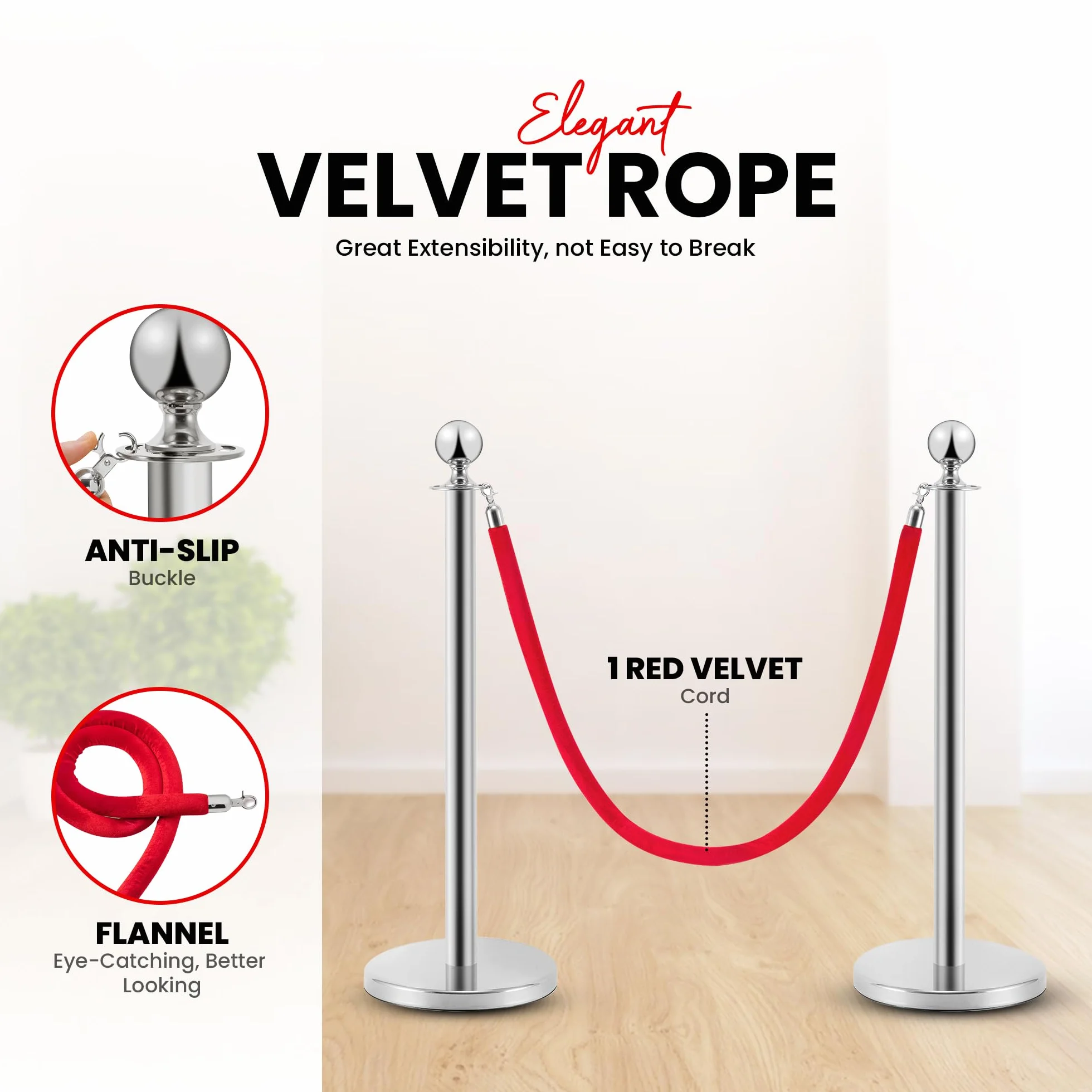 Postes Separadores de Acero Inoxidable 90 cm, 2 Piezas, Cuerda de Terciopelo Rojo 1,5 m, Control de Multitudes