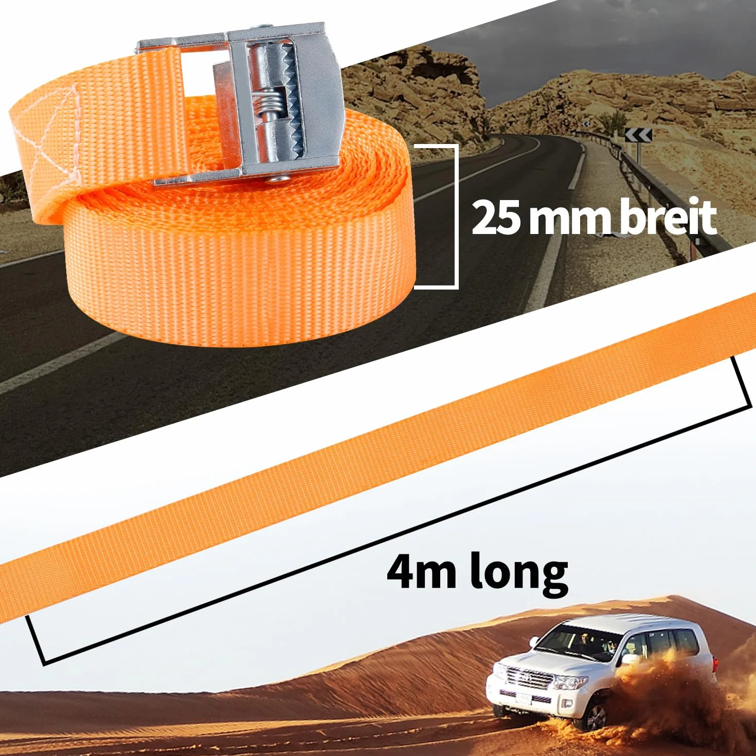Cinchas de Amarre 25mm x 4m Correas Tensoras DIN EN 12195-2 Naranja
