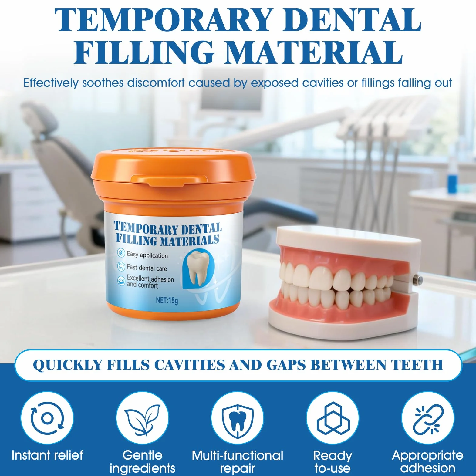 Cemento Dental Temporal, Kit de Relleno para Caries, 15g