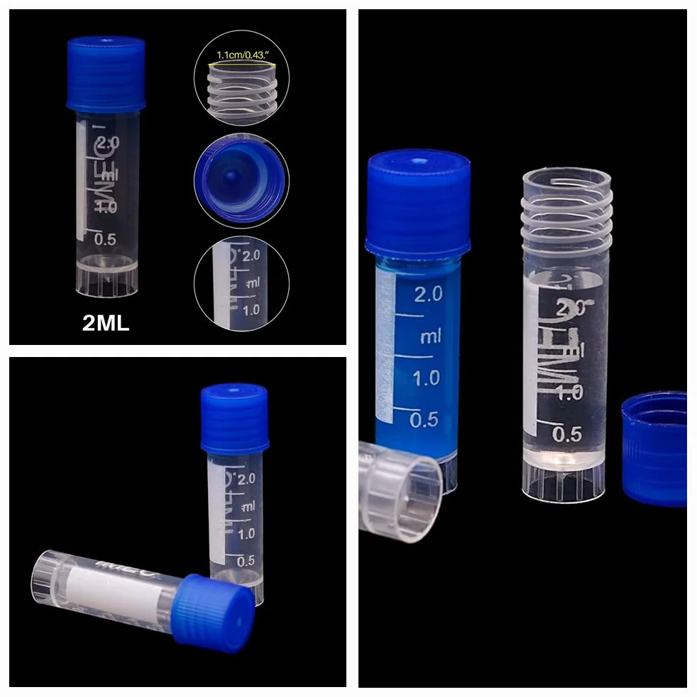 HUAZIZ 100 Piezas 2 Ml Tubos de Ensayo Plástico, Tubo Criogénico, Vial con Tapa de Tornillo Azul para Laboratorio