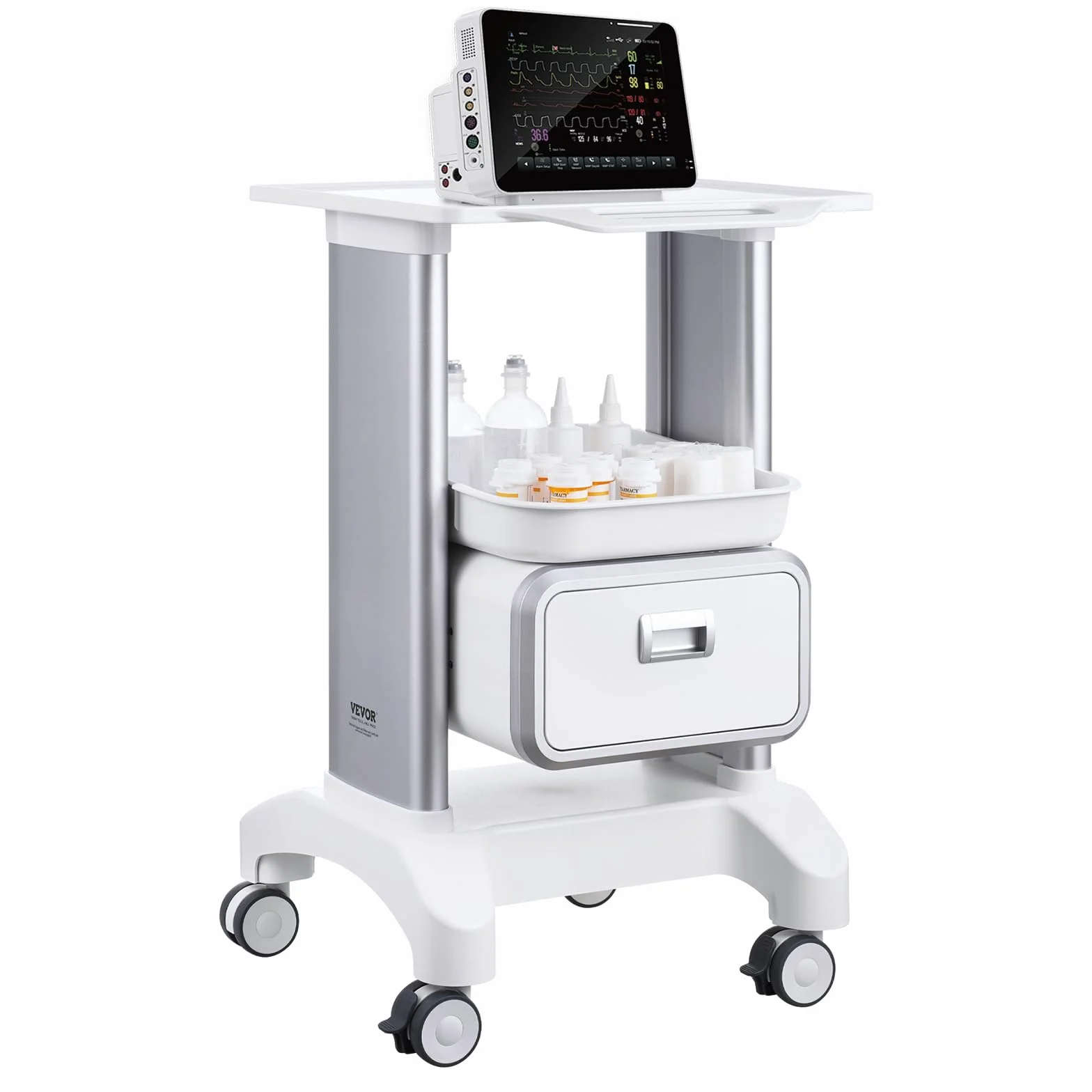 VEVOR Carro Médico de 2 Niveles con 1 Cajón, Bandeja Superior, Ruedas Silenciosas, ABS, Blanco