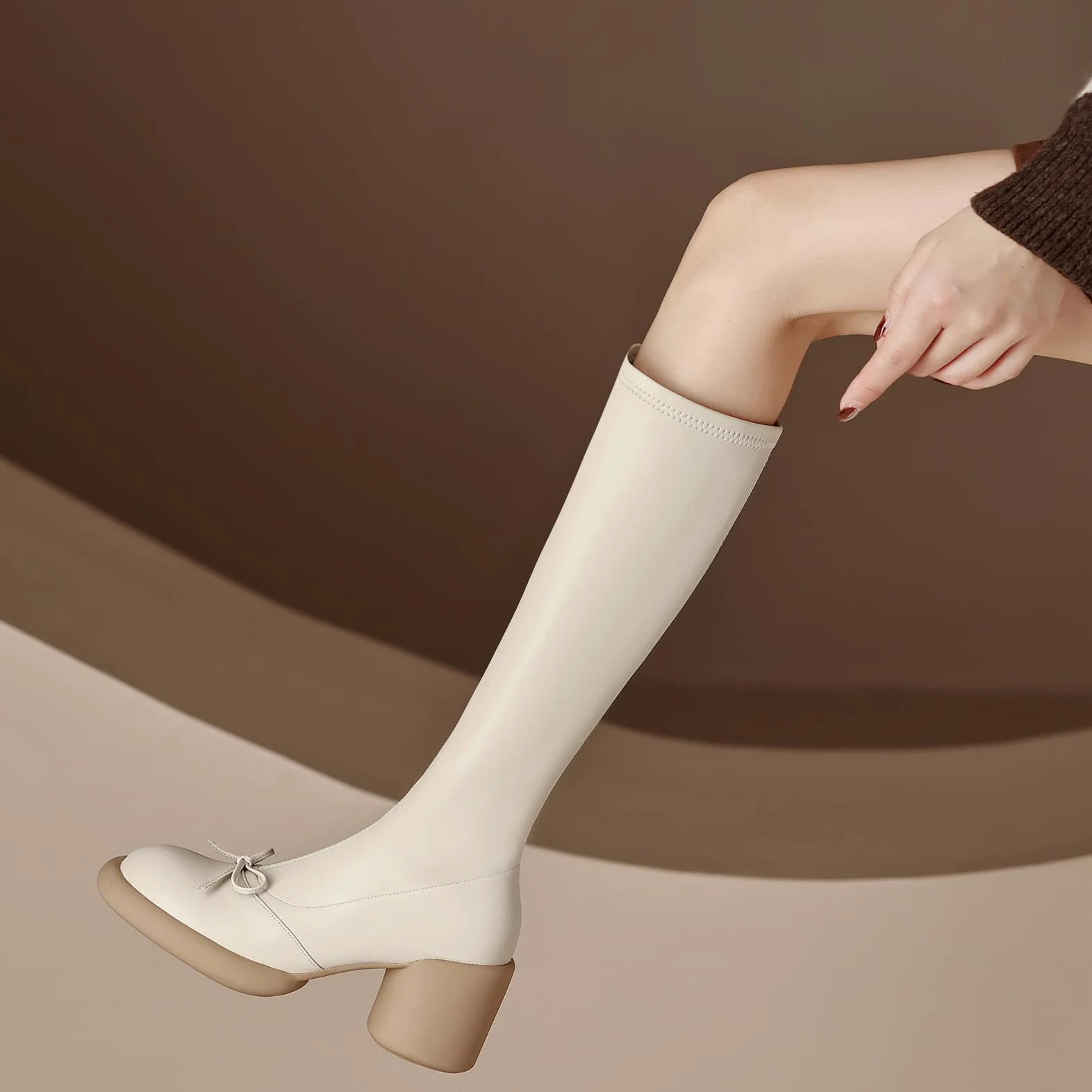 Botas altas de cuero para mujer tacón de bloque rodilla botas de montar con cremallera