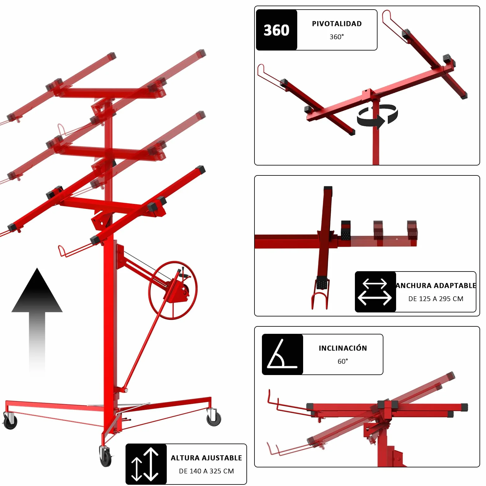 TEENO Elevador Placas de Yeso Profesional, Plataforma Elevadora Pladur, Altura 140-325 cm, Carga 68 kg, Rojo