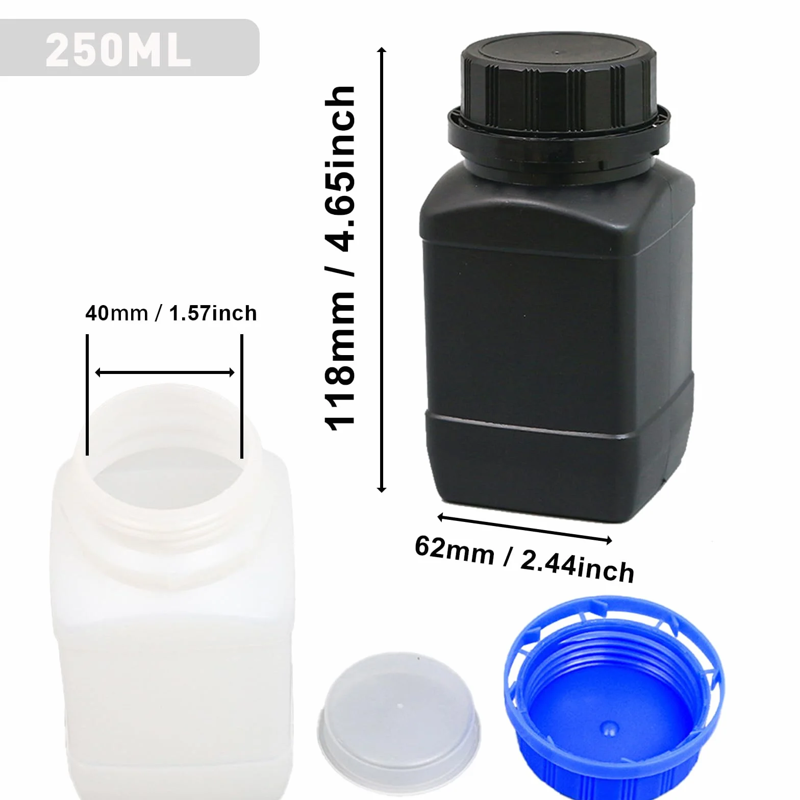 Botellas de Plástico HDPE 250ml 6 Piezas, Frascos Boca Ancha con Tapón de Rosca, Recipientes Almacenamiento Laboratorio Cocina Hobby Negro