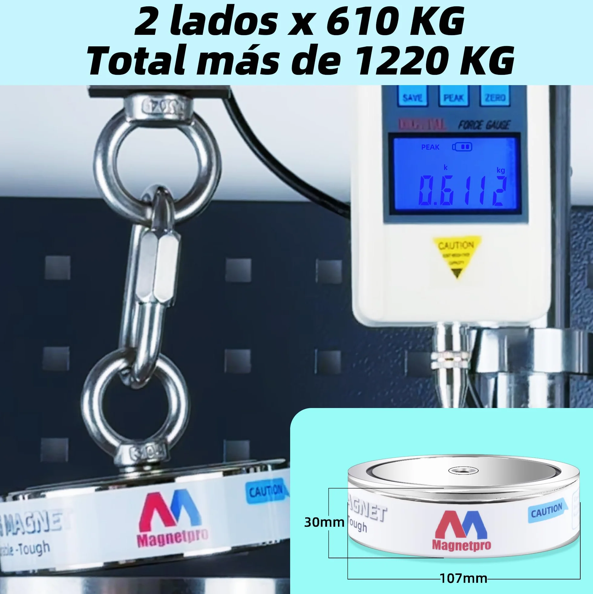 Magnetpro Juego de Imanes de Recuperación 1220 kg, Imán de Pesca Doble Cara, Neodimio, Cuerda 20m, Mosquetón, Guantes, Gancho, Bolsa