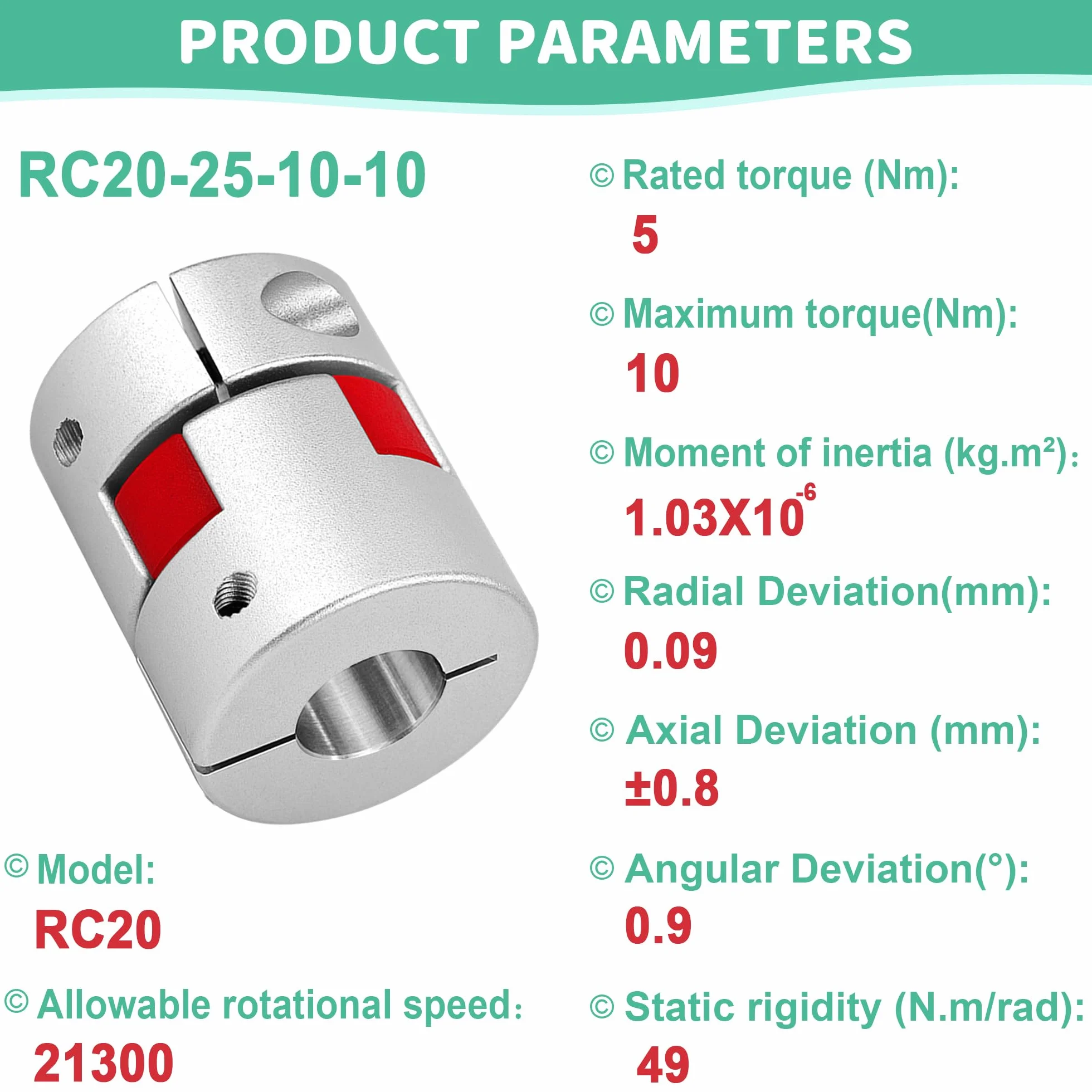 Acopladores Flexibles de Aluminio 10 mm a 10 mm, Conector Acoplamiento de Eje para impresora 3D CNC servomotor (D20 L25)