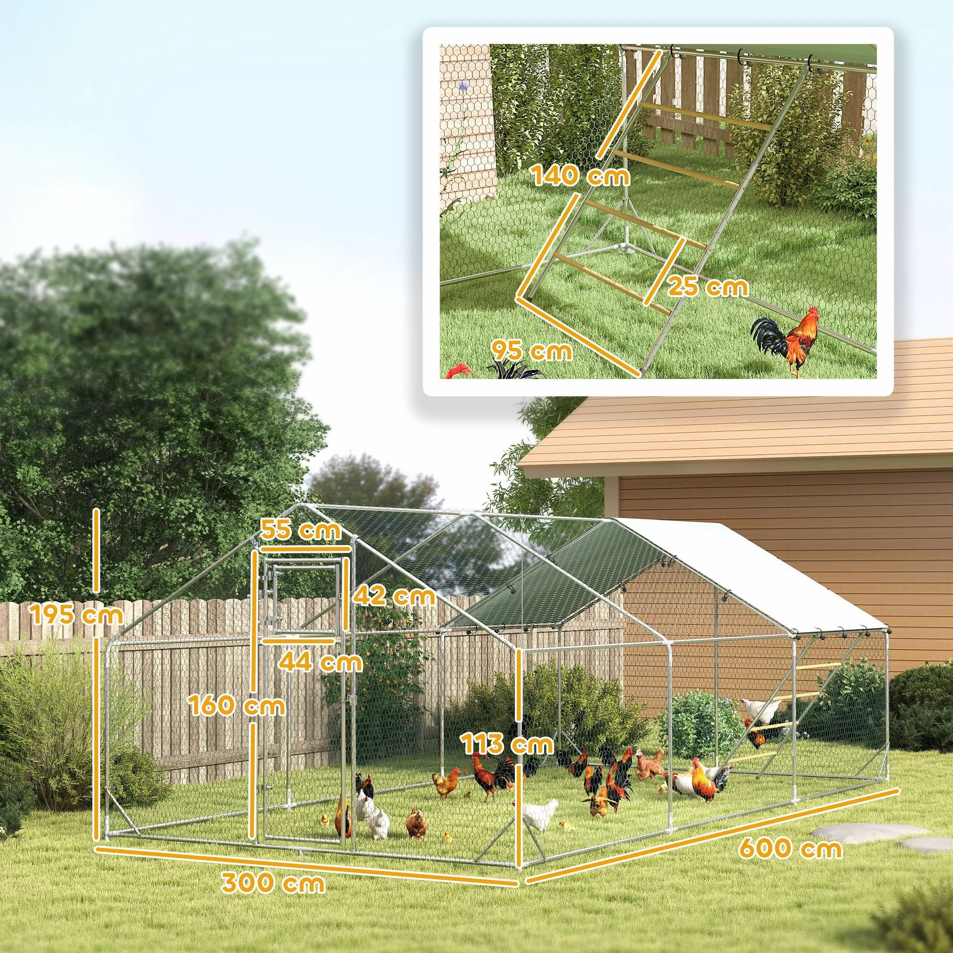 PawHut Gallinero Exterior 18 m² 3x6x1,95 m Acero Galvanizado para 18-24 Gallinas Impermeable Anti-UV