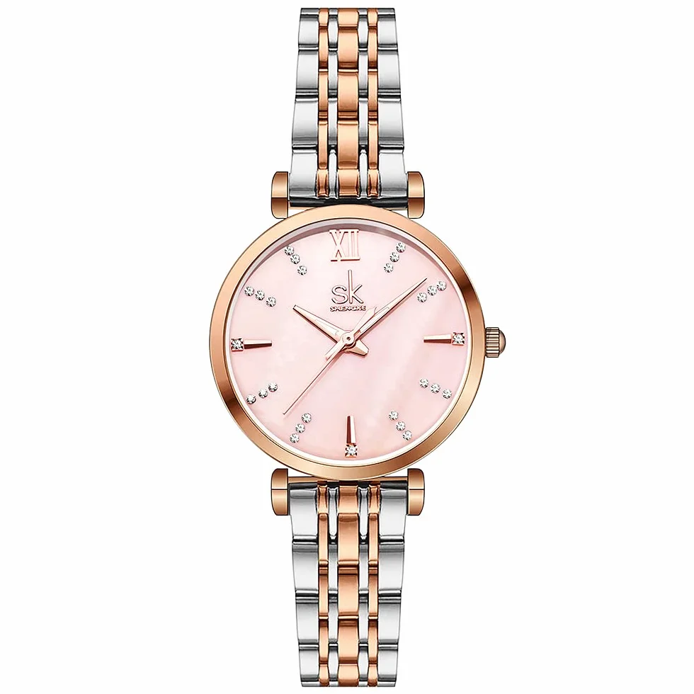 SHENGKE SK Relojes clásicos para Mujer, Reloj de Vestir a la Moda para Mujer, Correa de Acero Inoxidable sólido, Correa de Cuero Genuino