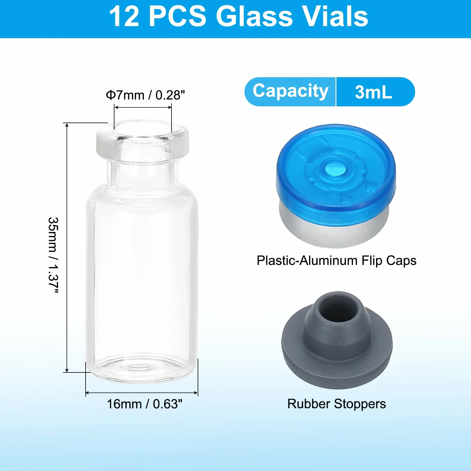 PATIKIL 12 Viales de Muestra Vidrio Borosilicato Transparente 3 ml con Tapa Aluminio Plástico Tapón Goma para Almacenamiento Sólidos