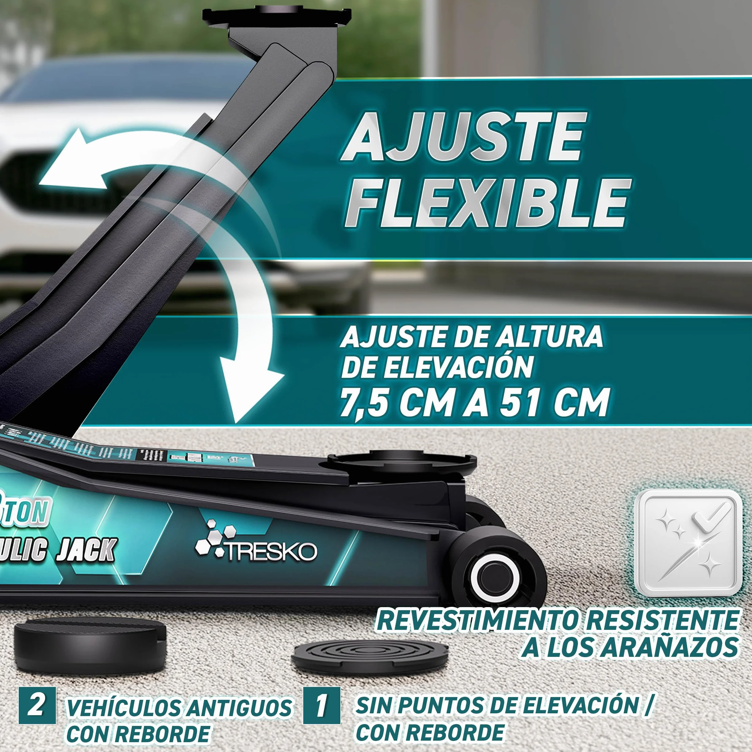 TRESKO gato hidráulico 3T 75-510mm doble pistón ruedas 360°