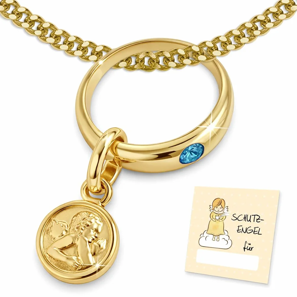 CLEVER SCHMUCK Cadena de bautizo de oro con ángel de la guarda, anillo de bautizo azul claro con cadena de eslabones de 36 cm, plata de ley 925 chapada en oro, en estuche