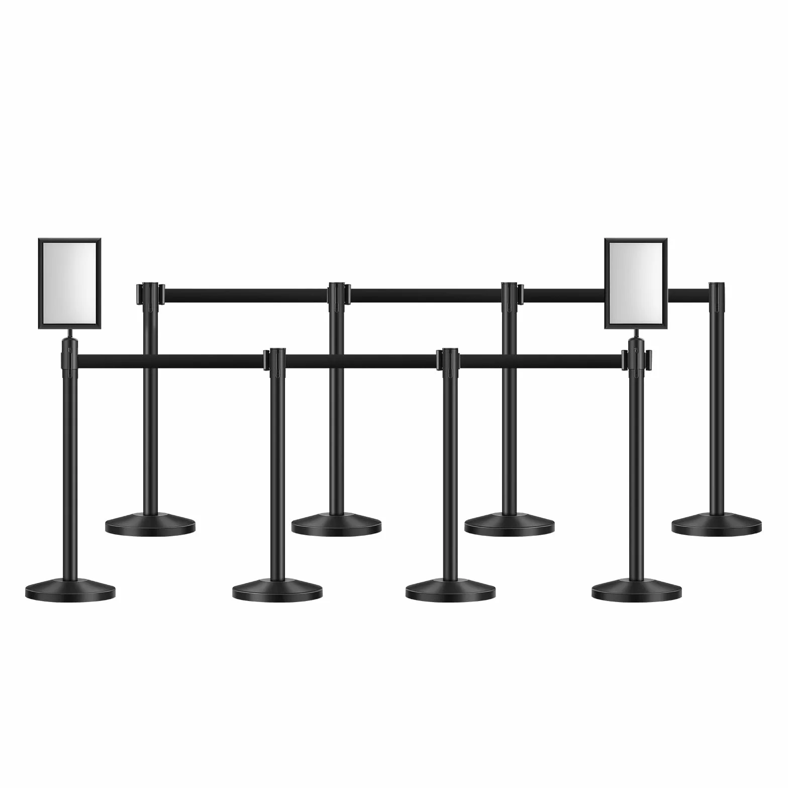 VEVOR 8 PCS Poste de Estaca de Acero al Carbono de 2 m con Base Hueca de Inyección de Arena, Cinturones Retráctiles Negros y 2 Soportes para Letreros, Negro