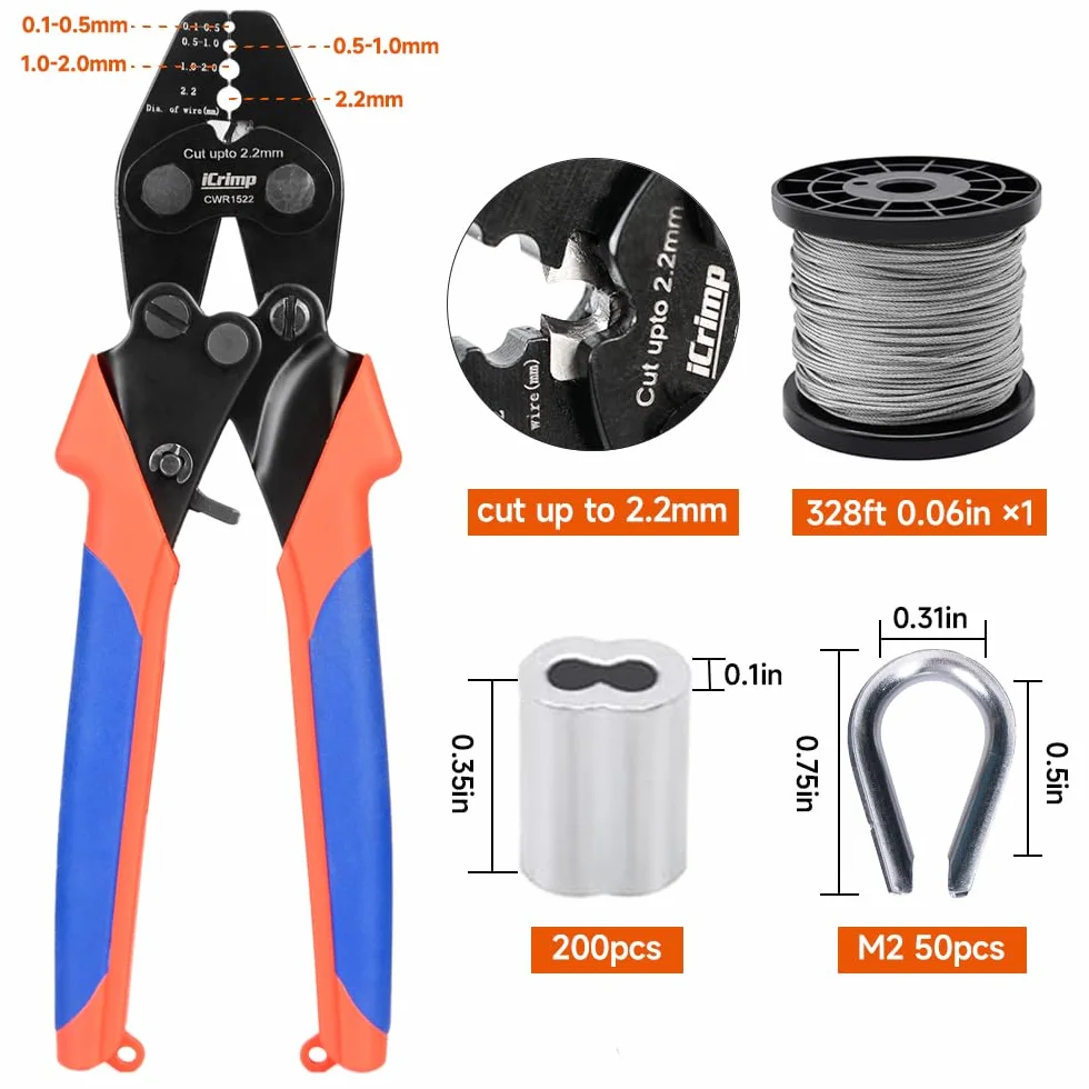 iCrimp CWR1522 Juego de crimpadora de cable 0,1-2,2 mm con función de corte y 250 manguitos de aluminio