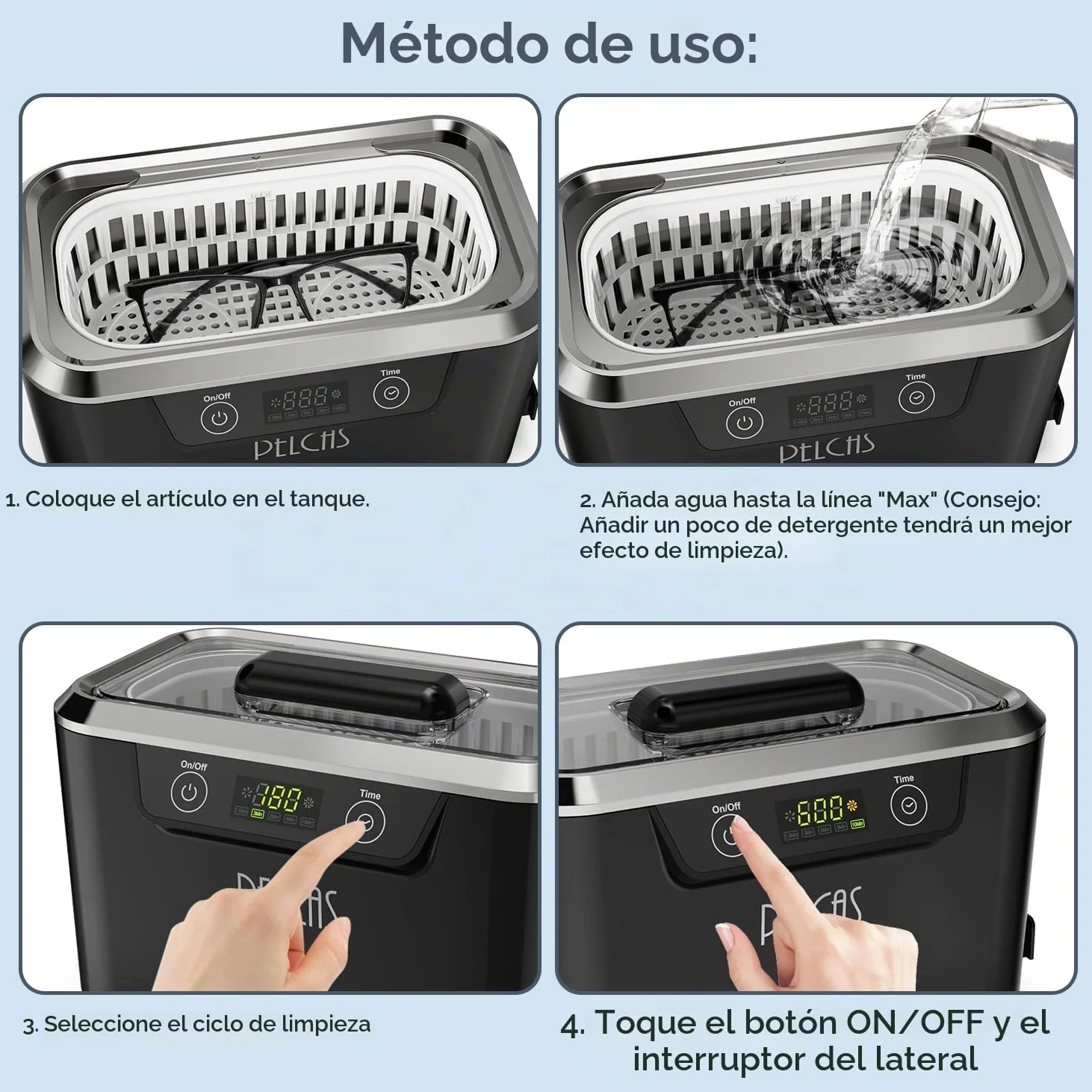 PELCAS Limpiador Ultrasonidos con Transductores Duales Limpiador Ultrasónico 800ML 42KHz con Pantalla Táctil y 5 Configuraciones de Tiempo para Anteojos, Relojes, Joyas, Dentaduras Postizas (Negro)
