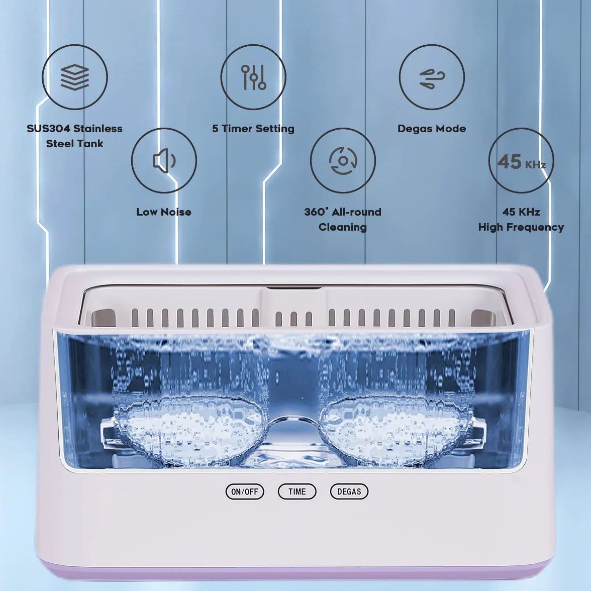 Adiding Dispositivo de limpieza ultrasónica para gafas, 1000 ml, dispositivo ultrasónico con 5 temporizadores digitales, modo degas, 45 kHz, dispositivo de limpieza de gafas, baño ultrasónico para