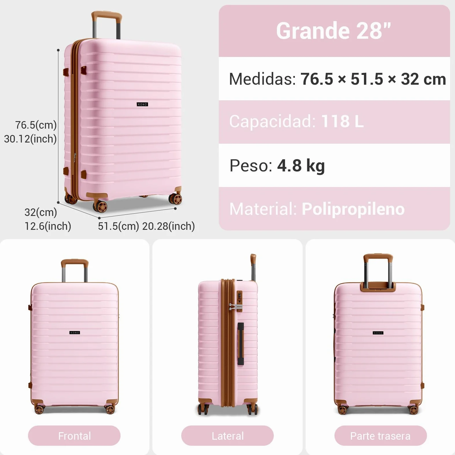 Kono Maletas de Viaje Grandes 23 Kilos, Maleta Grande de PP Extensible | Cremallera Antirrotura de Doble Capa, Portavasos + Gancho para Equipaje | TSA 007, Ruedas Silenciosas 360° (Rosa)