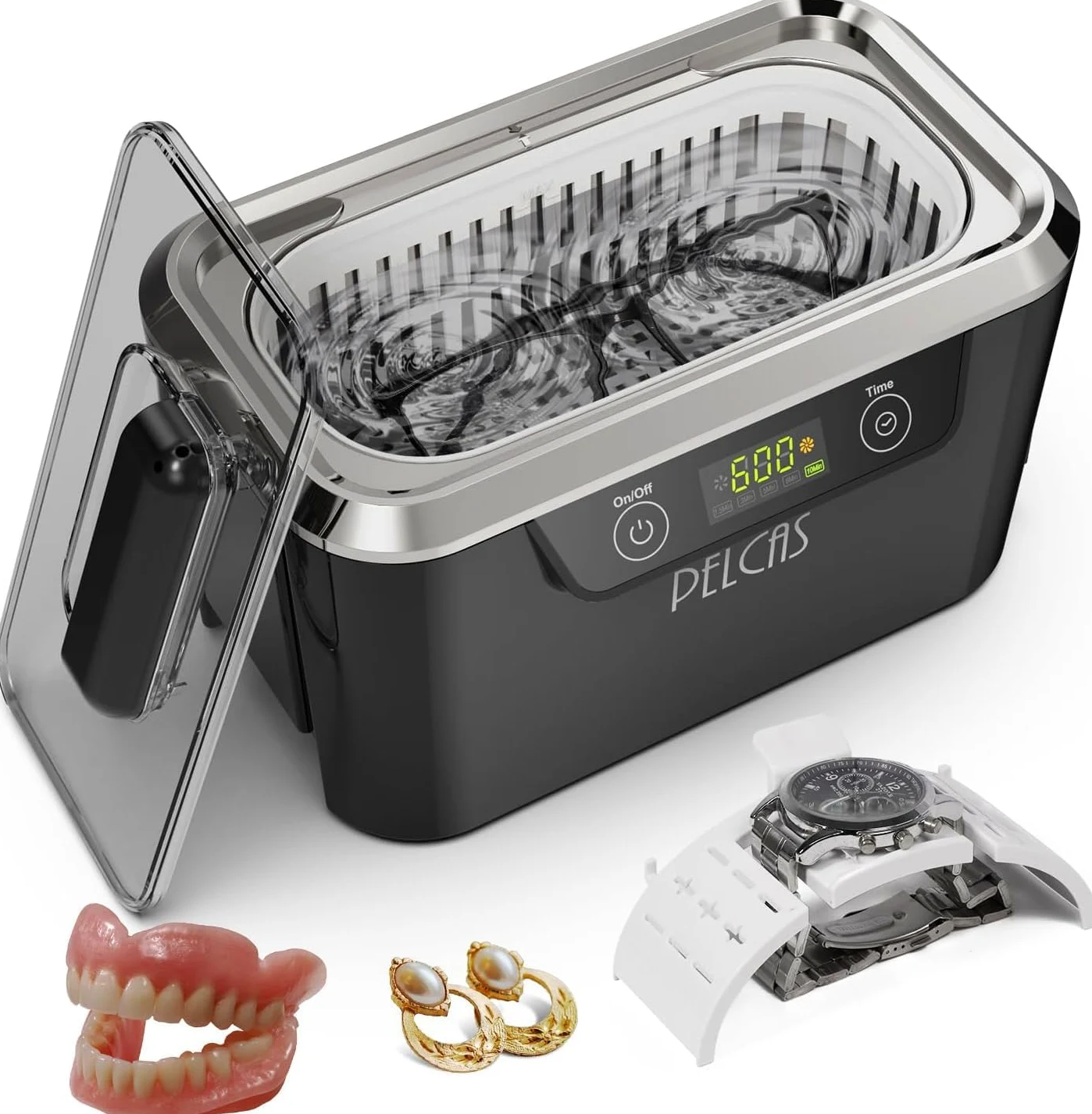 PELCAS Limpiador Ultrasonidos con Transductores Duales Limpiador Ultrasónico 800ML 42KHz con Pantalla Táctil y 5 Configuraciones de Tiempo para Anteojos, Relojes, Joyas, Dentaduras Postizas (Negro)