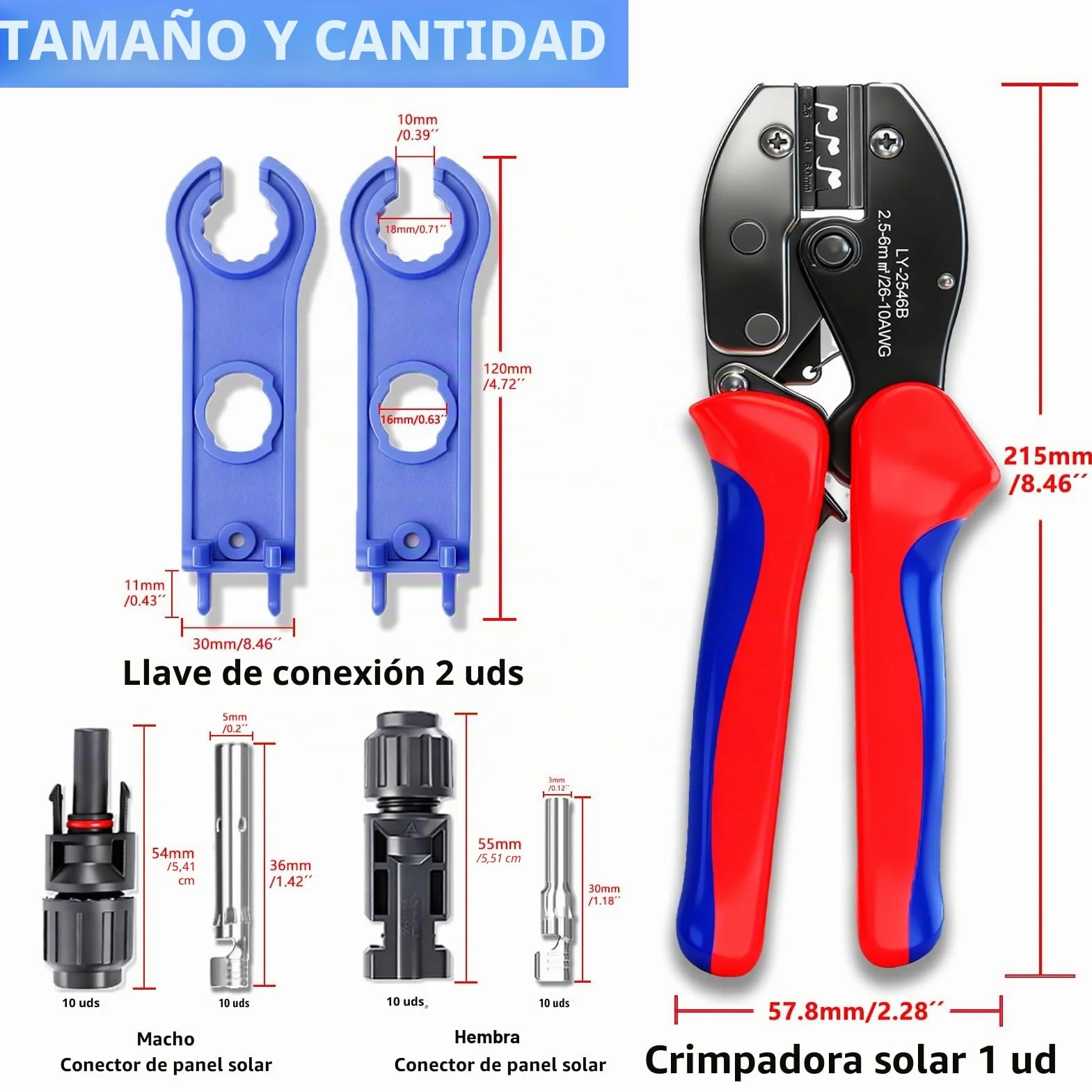 Set Crimpadora Solar para Cables PV 2,5/4/6 mm² con Conectores Fotovoltaicos