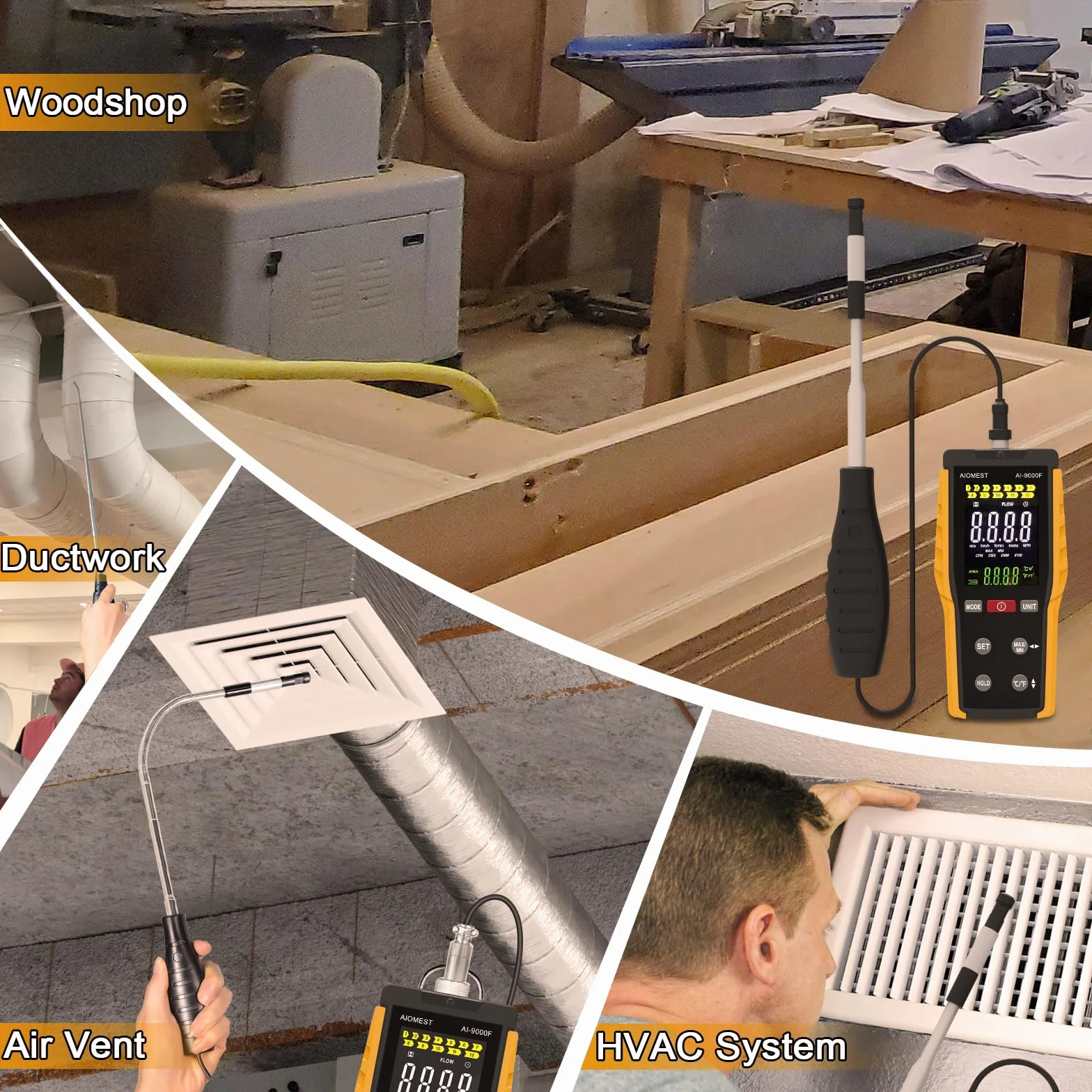 Anemómetro Térmico de Hilo Caliente AIOMEST AI-9000F HVAC Medidor de Viento Velocidad y Temperatura