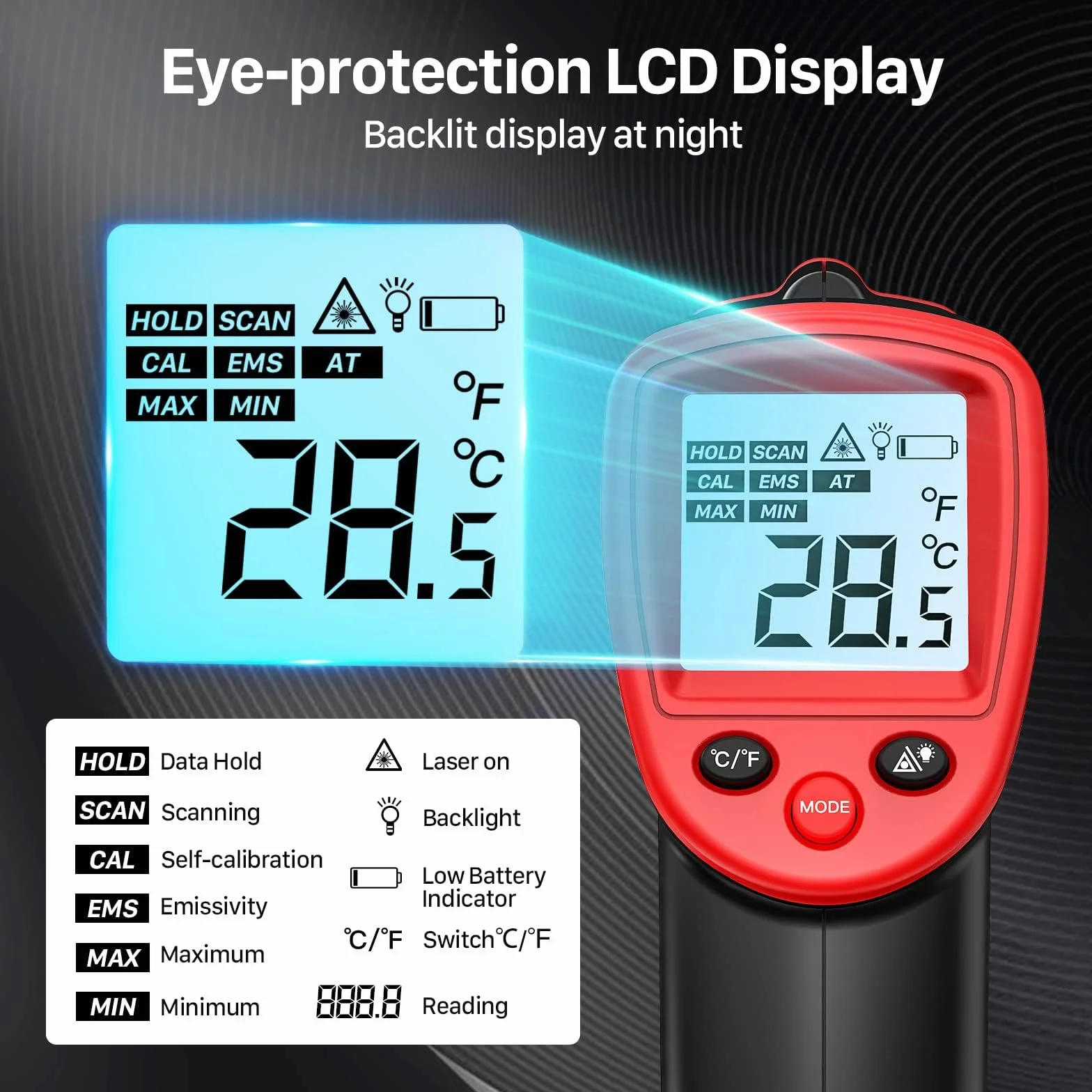 Eventek Termometro Infrarrojos Cocina -50℃~600℃ LCD Laser Pistola Temperatura Sin Contacto Emisividad Ajustable BBQ