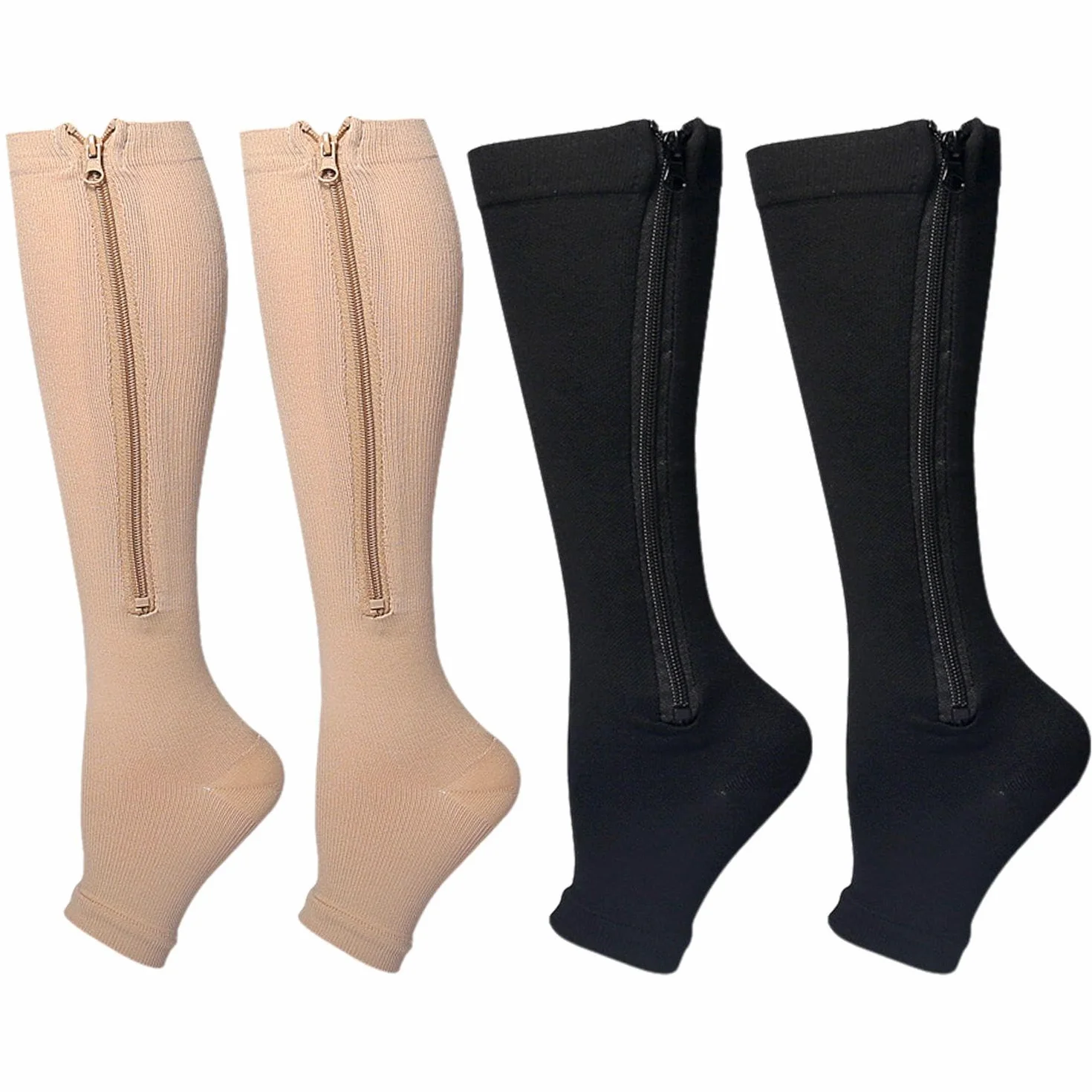 2 Pares De Calcetines Con Cremallera Abierta, Calcetines De Soporte Sin Dedos, Calcetines De Compresión Transpirables Y Cómodos, Calcetines Hasta La Rodilla Unisex