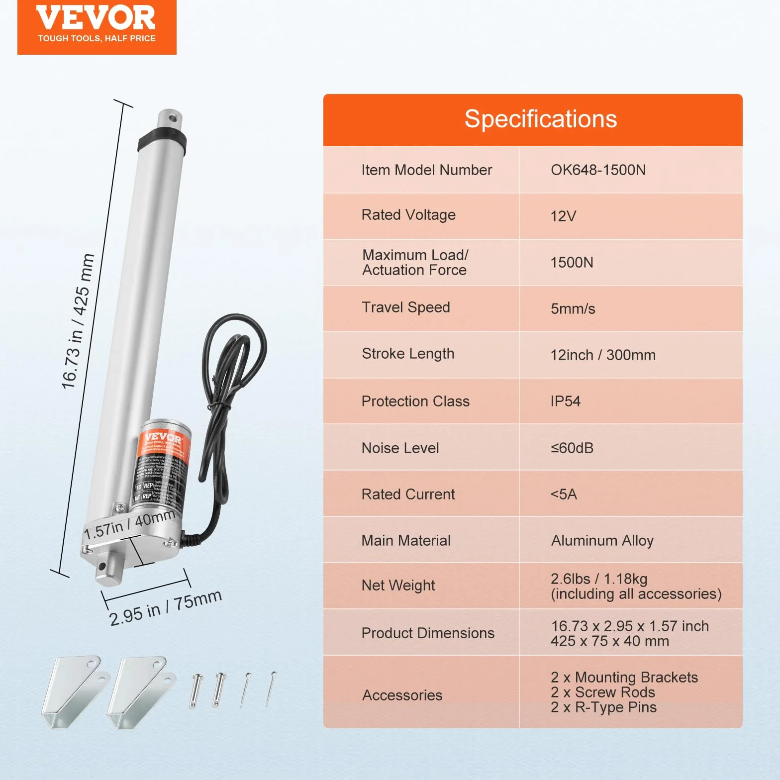 VEVOR Actuador Lineal 12 V 300 mm 330 lbs 1500 N 5 mm/s IP54