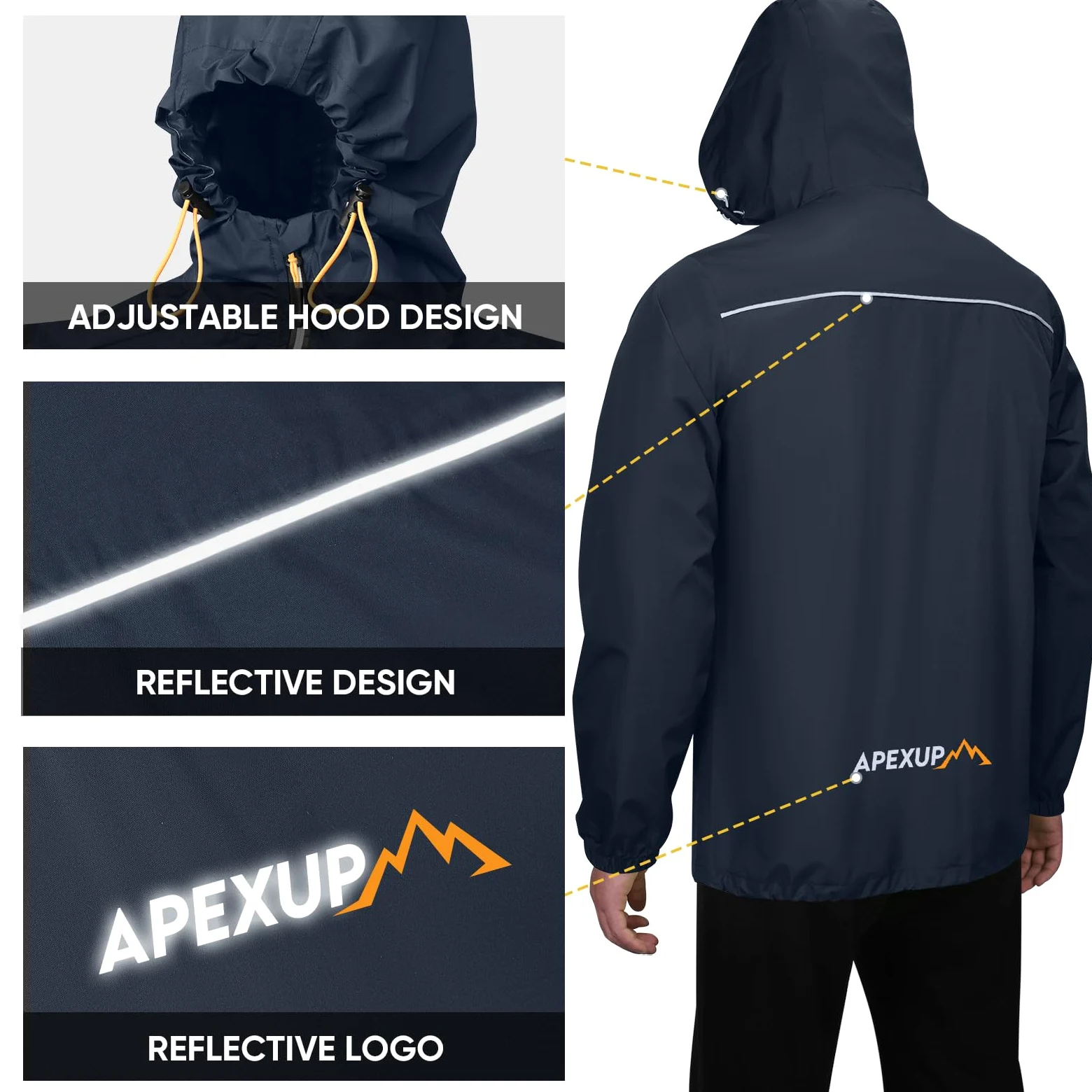 APEXUP Chaqueta impermeable plegable para hombre con cremallera reflectante, impermeable ligera, chaqueta impermeable para hombre para deportes al aire libre