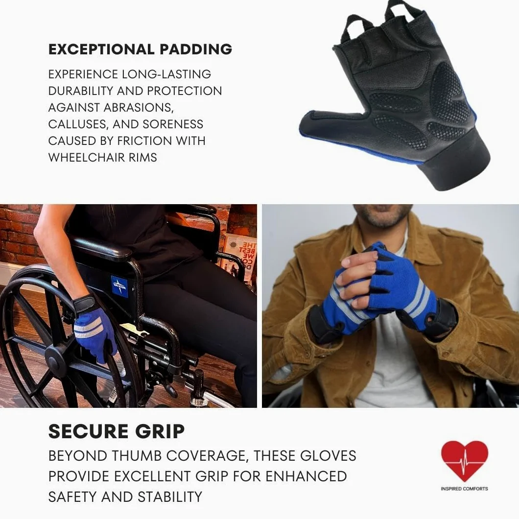 Inspired Comforts Guantes para silla de ruedas sin dedos con agarre antideslizante, transpirables y reflectantes