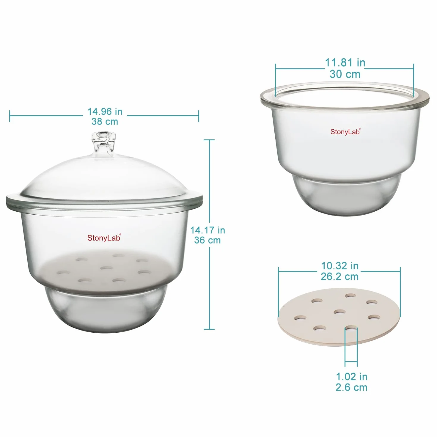 Desecador de Vidrio de Laboratorio con Cubierta de Pomo y Placa de Porcelana ID:300 mm