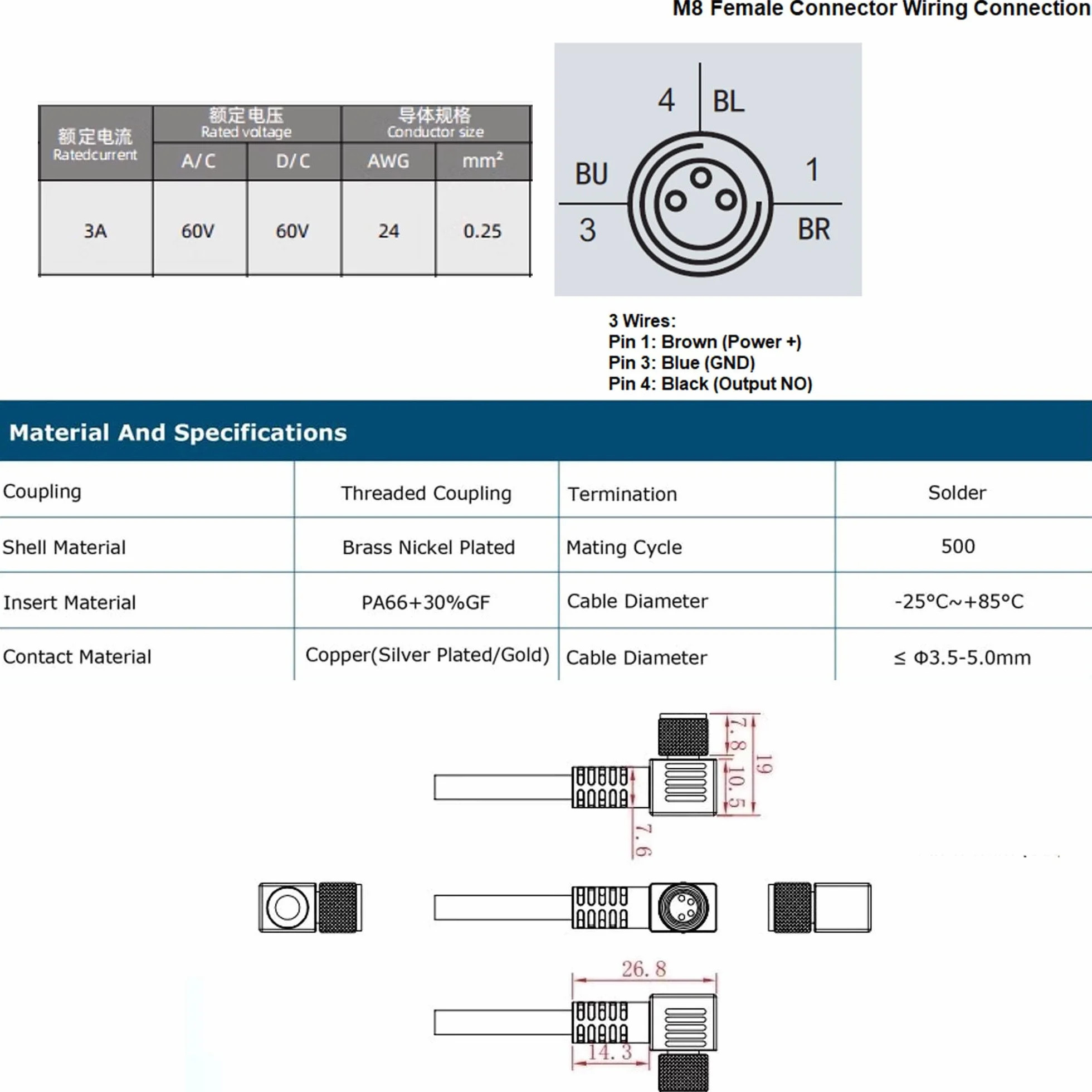 HangTon Cable de alimentación M8 hembra 3 pines sensor actuador blindado PVC 3m para Banner Baumer Turck SICK Omron