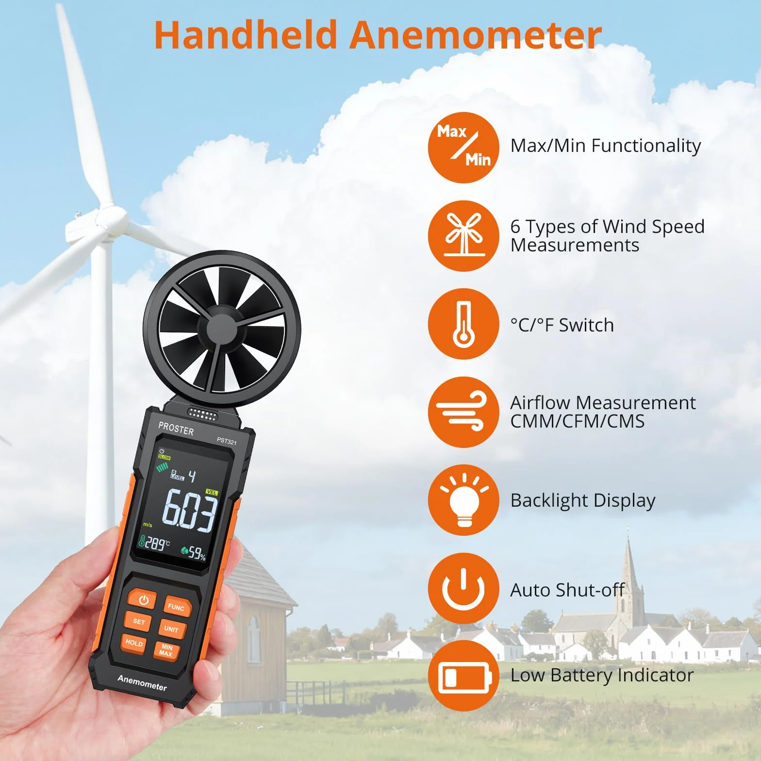 Proster Anemómetro Portátil Medidor de Velocidad del Viento Digital con CMM CFM Flujo de Aire y Temperatura