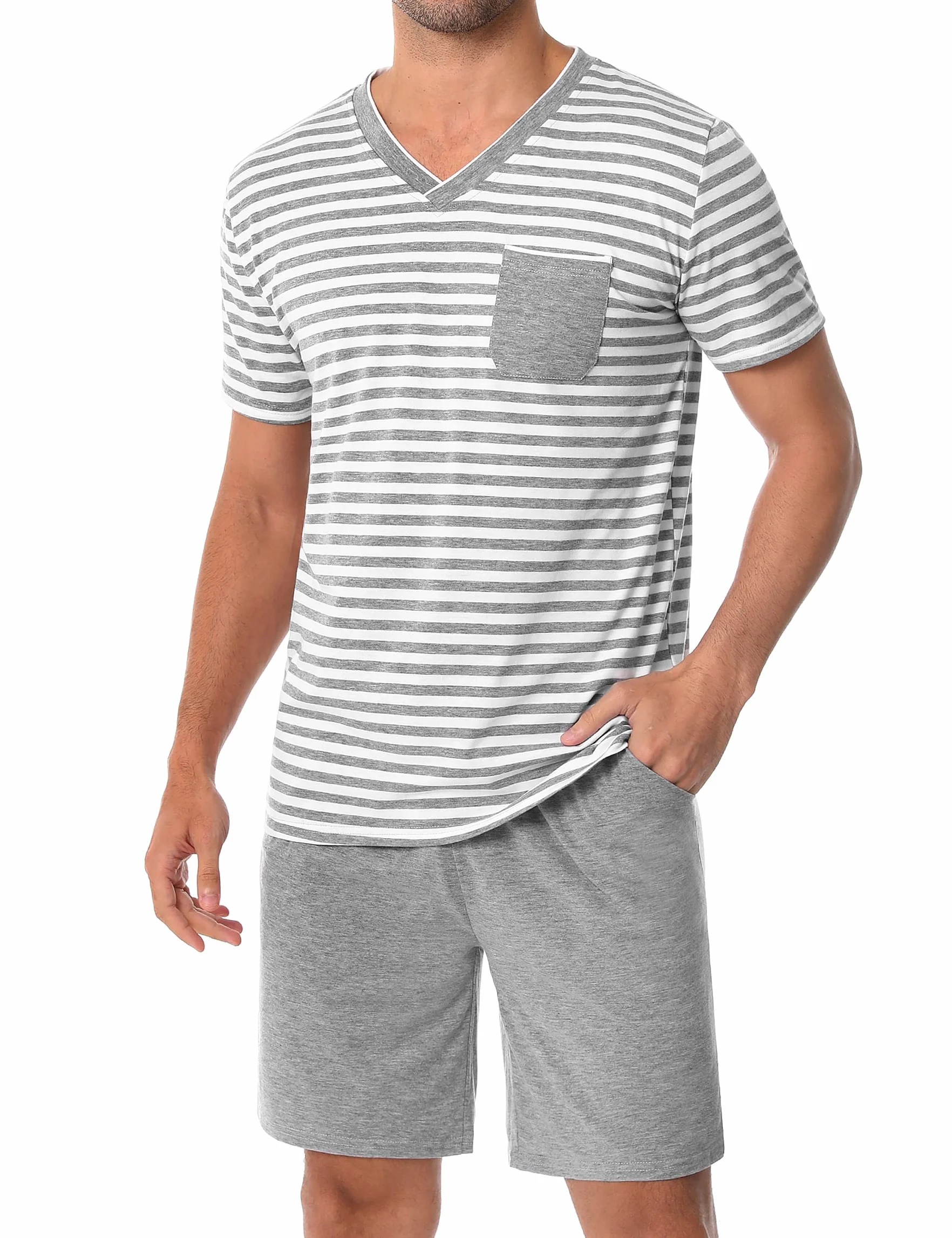 Verano Conjunto de Pijama Hombre Ropa de Dormir de Algodón Camisetas de Pijama a Rayas de Manga Corta y Pantalones Cortos para Dormir con Bolsillos