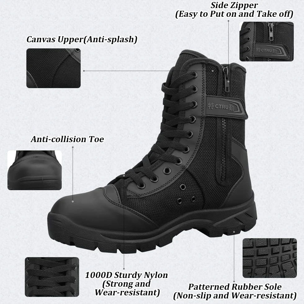 Botas Militares Hombre Con Cremallera lateral Ligeras Botas Tactica Transpirables Botas para moto Botas Tácticas Mujer Botas Negras Hombre