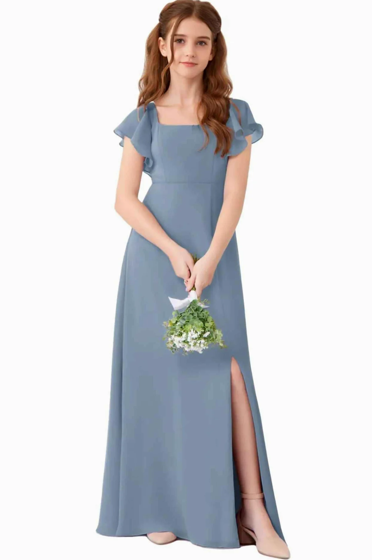 Vestidos de dama de honor de manga corta para niñas, vestido de fiesta formal, vestido largo con abertura baja, Azul (Dusty Blue), 12