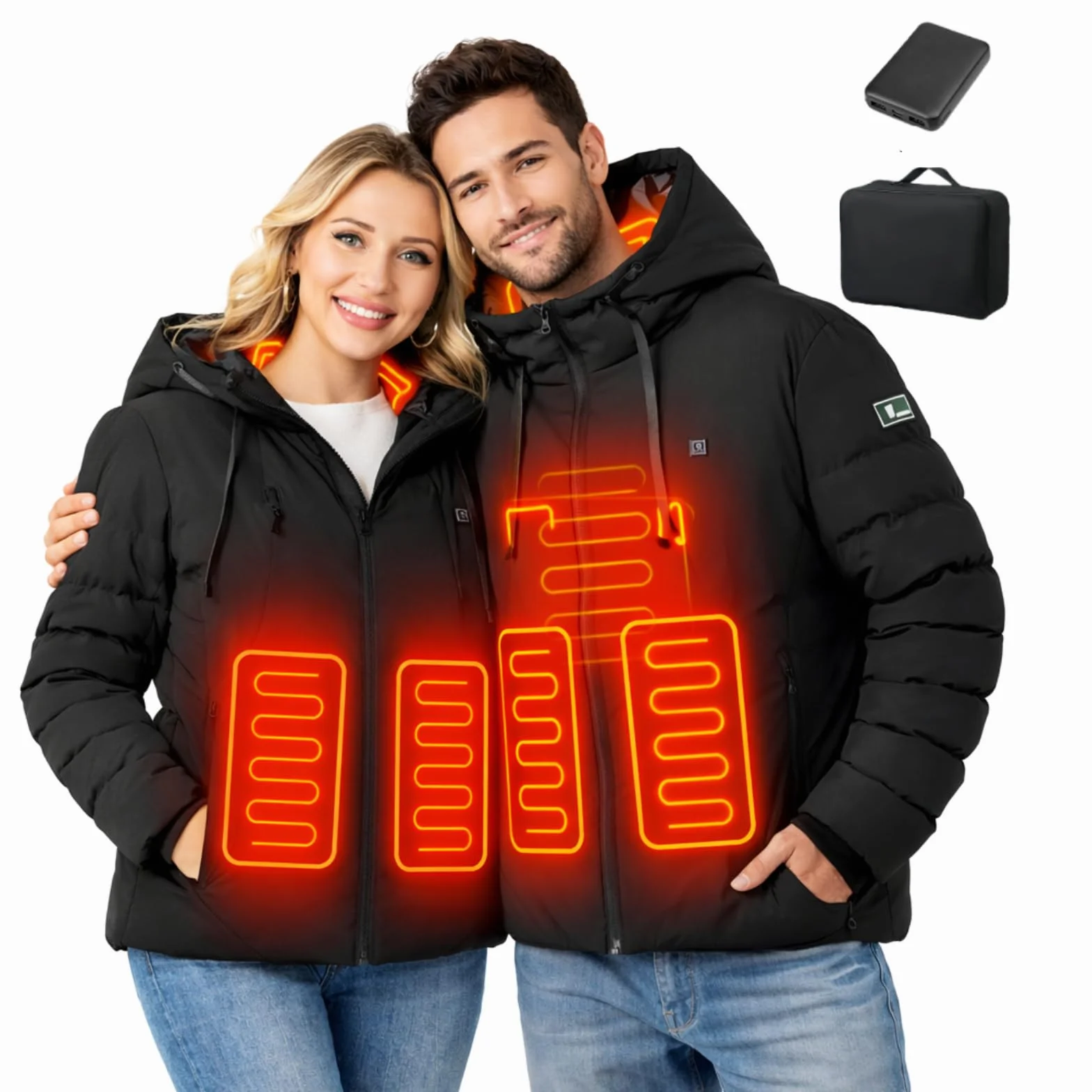Chaqueta Calefactable Capucha con Batería para Hombre y Mujer, 4 Zonas de Calefacción, 3 Niveles de Temperatura, Impermeable, Abrigo Térmico para Esquí, Senderismo, Trabajo