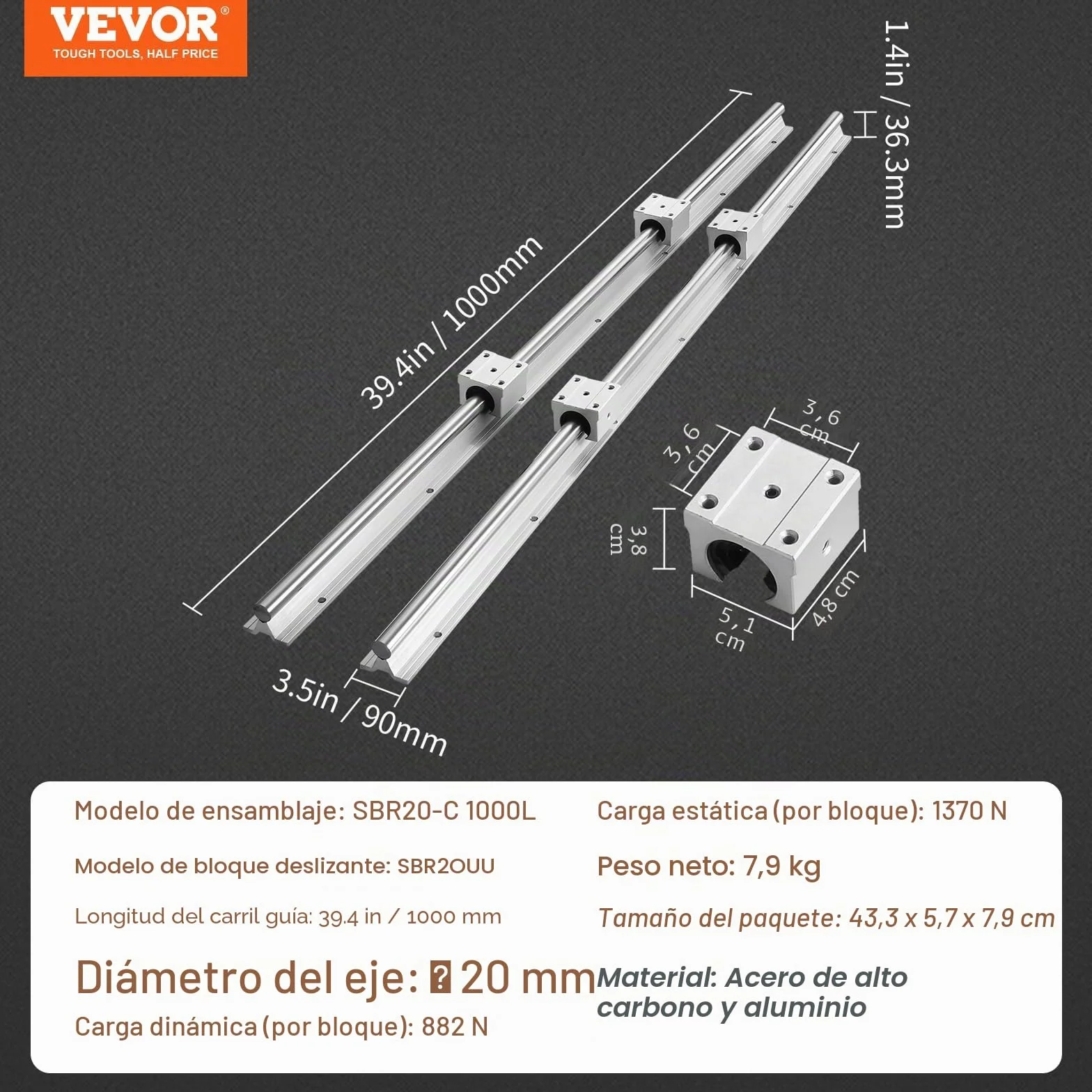 VEVOR Riel de Guía Lineal SBR20 1000 mm 2PCS Rieles 4PCS Bloques SBR20UU Kit para Máquinas CNC Tornos