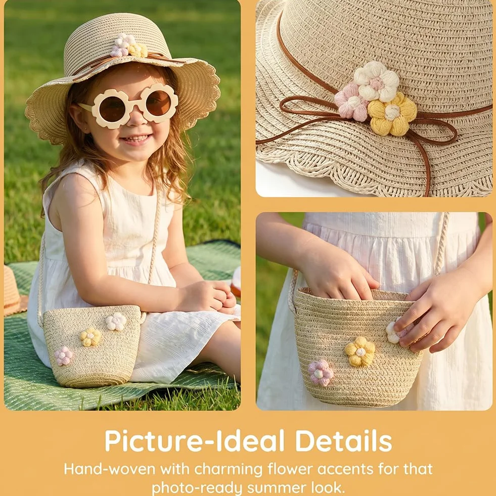 Sombrero de Paja Niñas, Gorra de Sol Chica y Bolsa de Paja Set Gorro de Playa Gafas de Sols Playa de Verano Sombrero Mini Bolsa Cruzada de Pajas Sombreros para Viaje Beach Piscina(Beige)