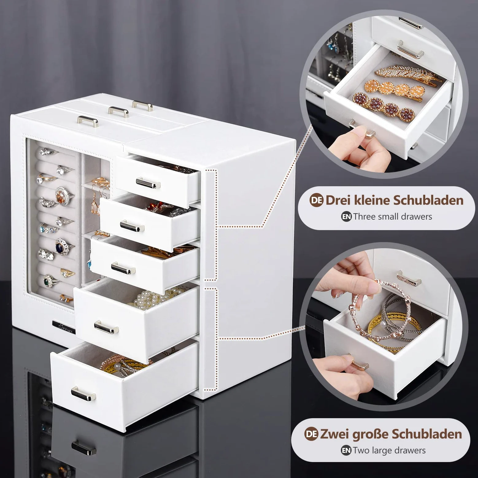 Joyero Grande con Vitrina para Mujer: 8 Cajones para Joyas | Organiza Collares Anillos Relojes y Pendientes-Tocador y Dormitorio-Frontal de Cristal para una Selección Rápida-Blanco