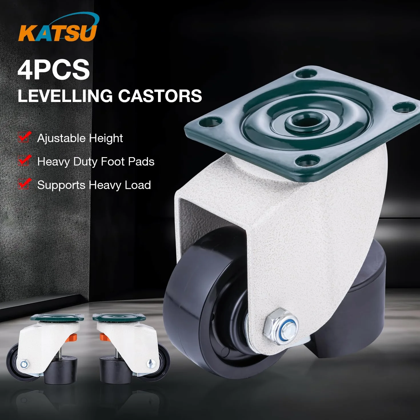 KATSU Ruedas Niveladoras 4 Piezas 550kg Carga Estática 50mm Giratorias Retráctiles Altura Ajustable