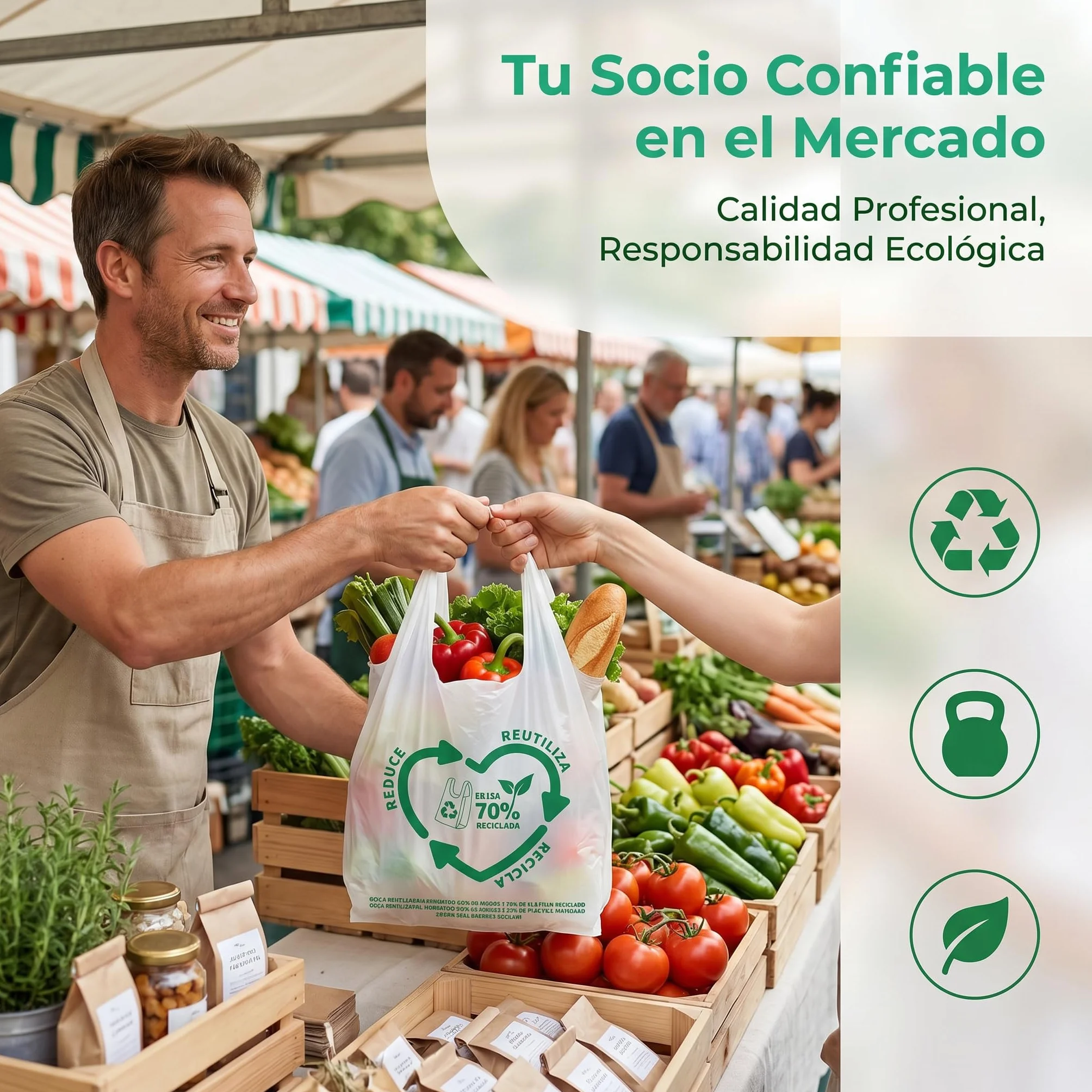Bolsas de Plástico Asa Camiseta Blanco 50x60 cm 100 Unidades Reutilizables Resistentes 50 Micras 70% Reciclado Aptas Alimentación