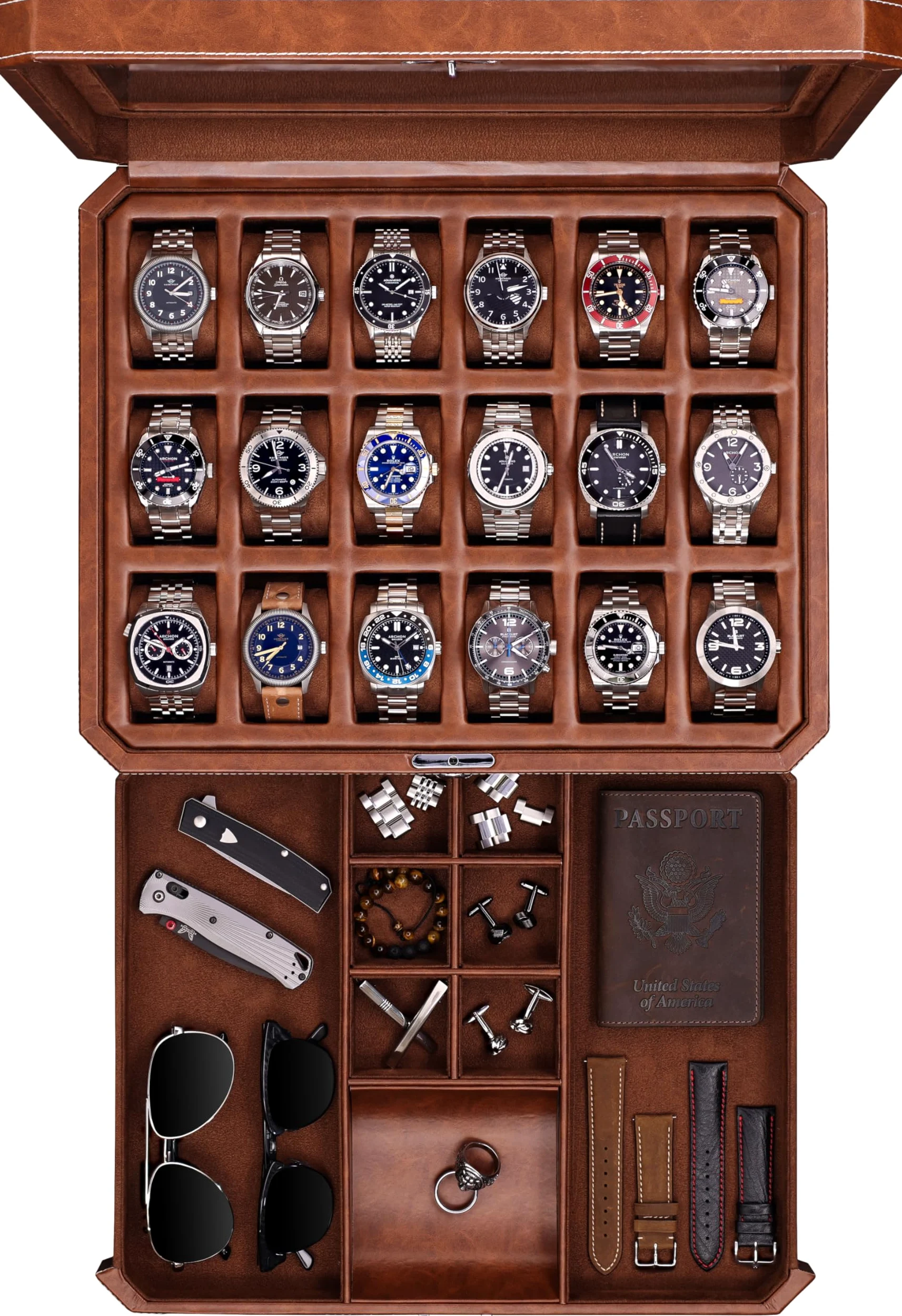 ROTHWELL Caja para 18 relojes con cajón para accesorios (marrón claro/marrón)