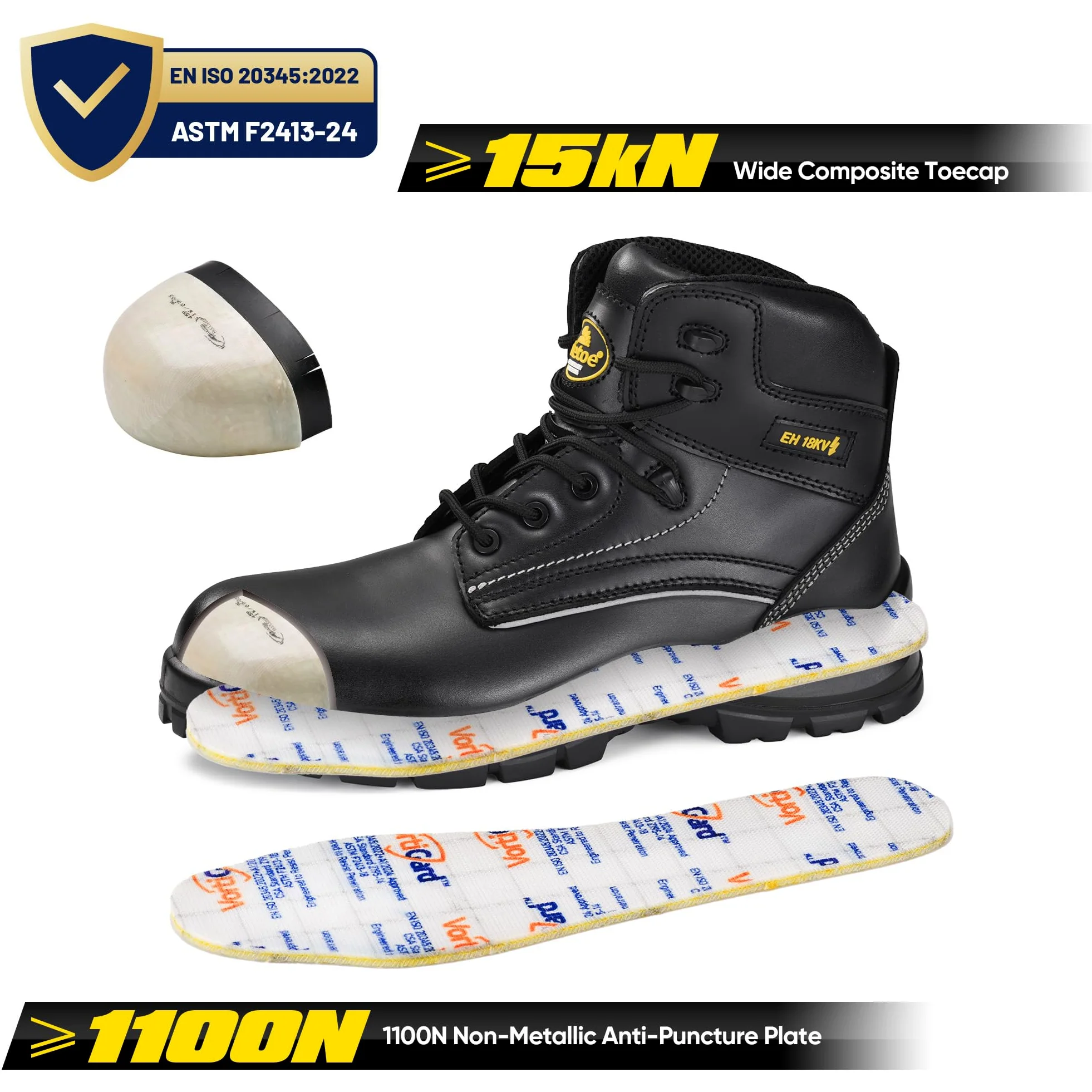 SAFETOE Botas de trabajo 18KV EH con puntera compuesta no metálica, botas de seguridad con agarre de escalera, zapatos estándar CE para trabajadores eléctricos