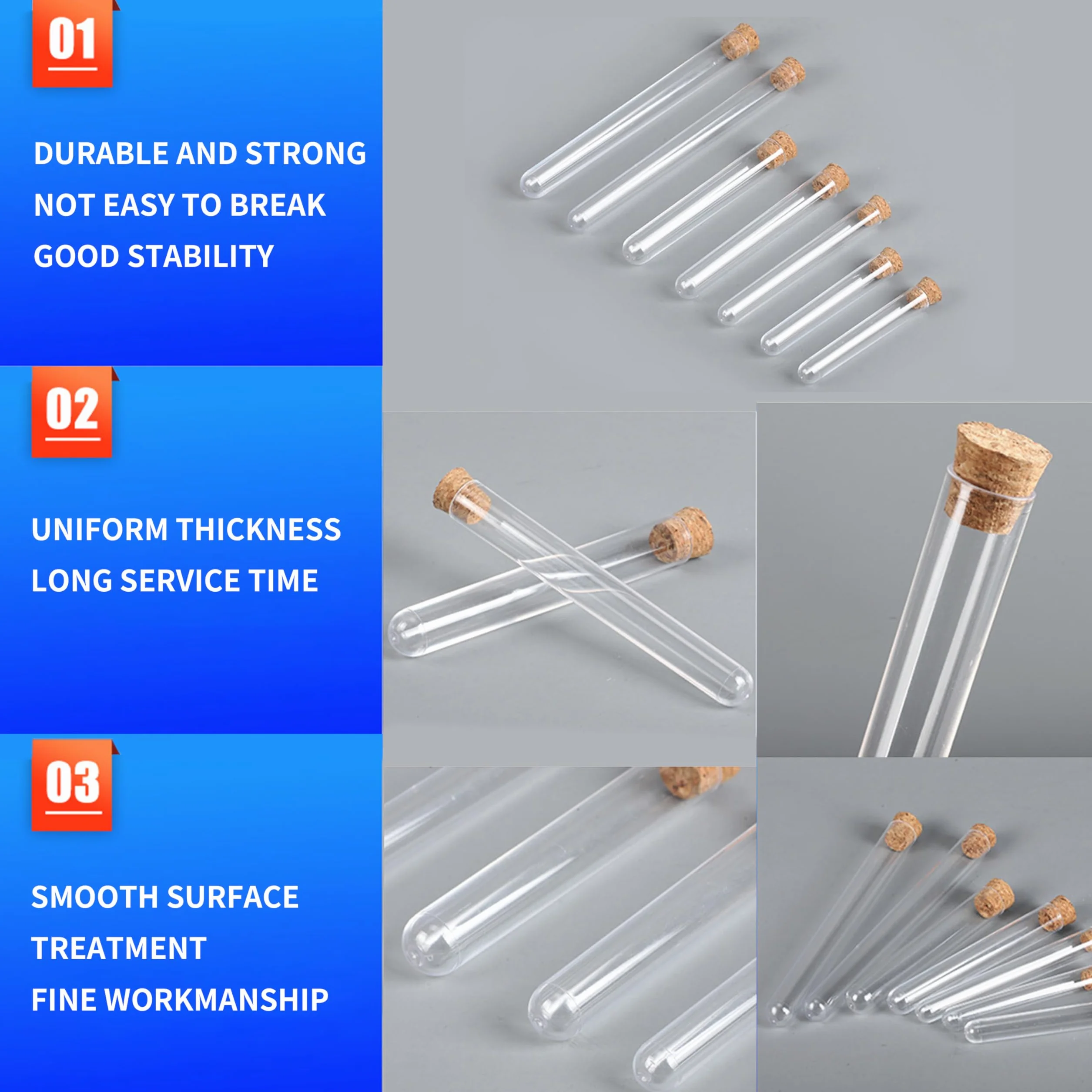 Tubos de Ensayo Plastico Transparente 13x78 mm 6ml con Tapones de Corcho y Cuerda de Cáñamo 50 Pcs