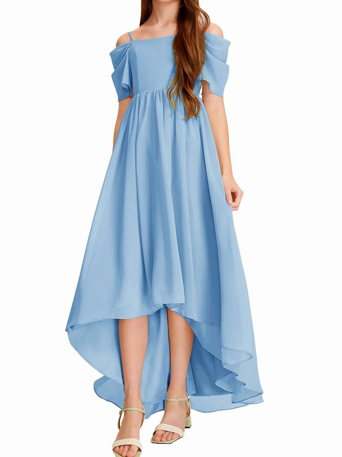 Haloumoning Vestido de niña con hombros descubiertos con volantes, vestido de verano para niños, línea A, monocolor, elegante, vestido de fiesta, boda, cumpleaños, festivo