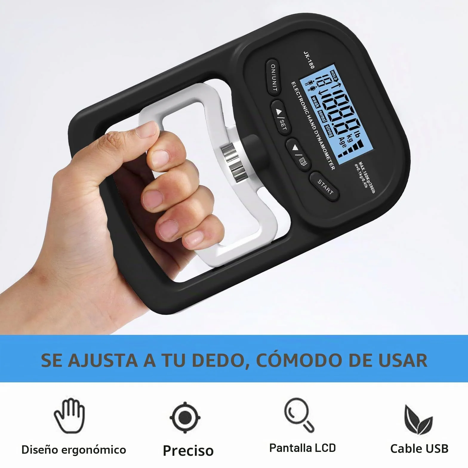 Medidor digital de fuerza de mano 90 kg / 198 lb dinamómetro con pantalla LED USB