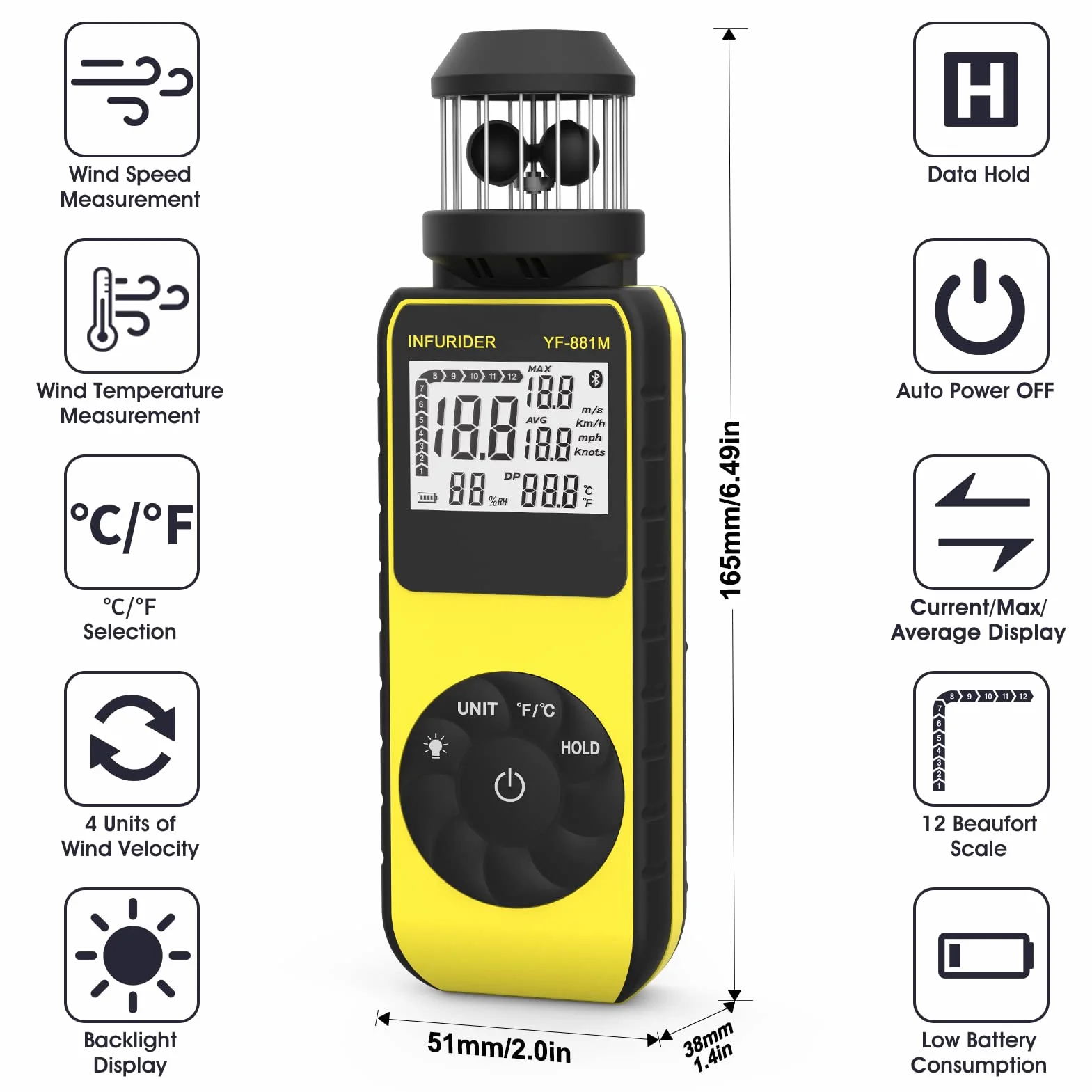 INFURIDER Anemómetro Portátil Digital Medidor de Viento con Brújula Velocidad Temperatura Aire Exterior